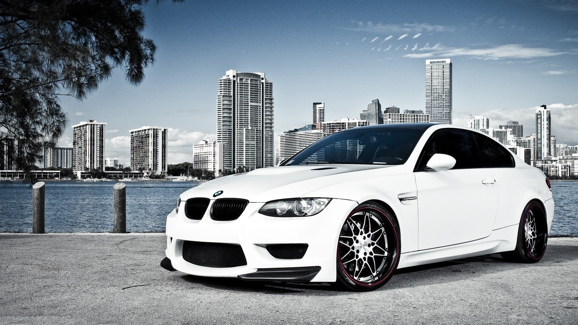 White BMW M3 Coupe with City Skyline HD Wallpaper