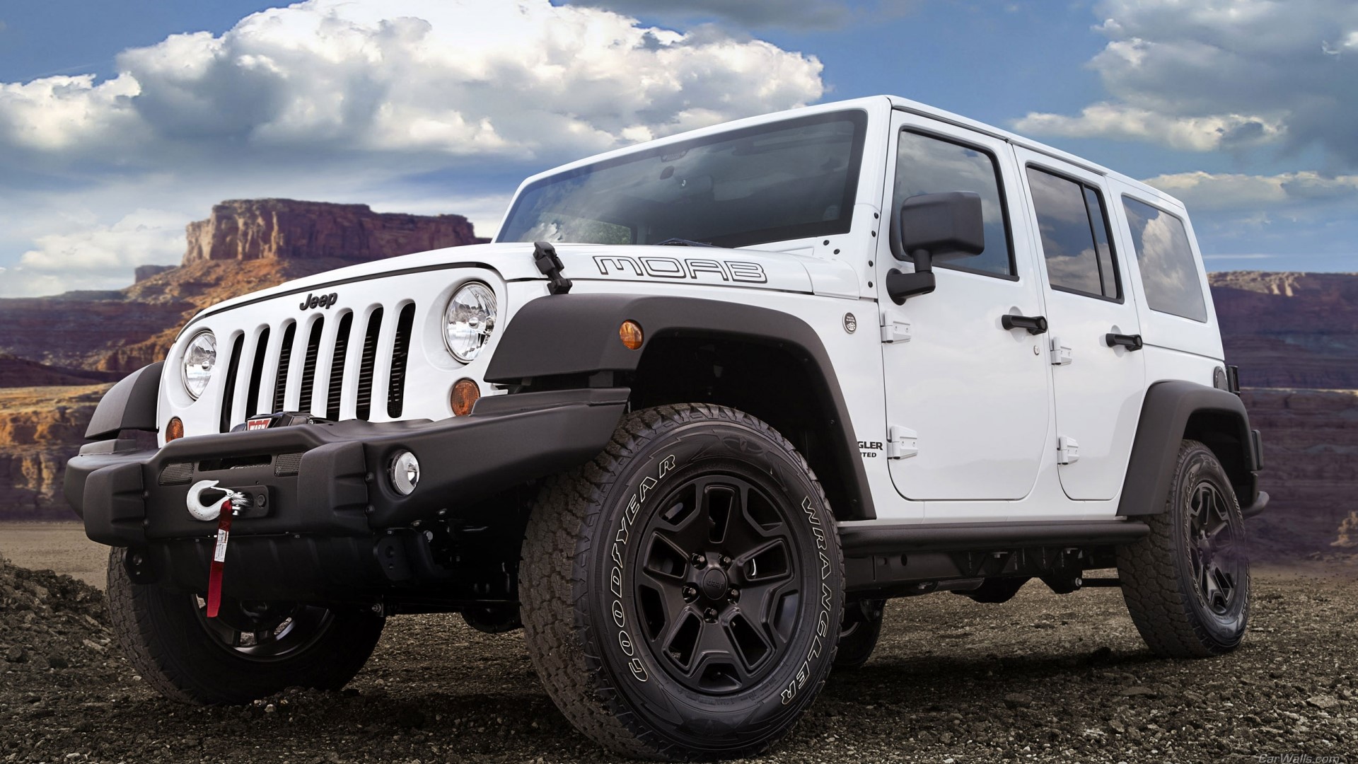 White Jeep Wrangler Moab in a desert landscape HD Wallpaper