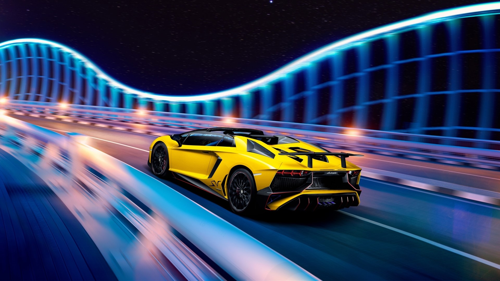 Yellow Lamborghini Aventador SV Roadster on a bridge HD Wallpaper