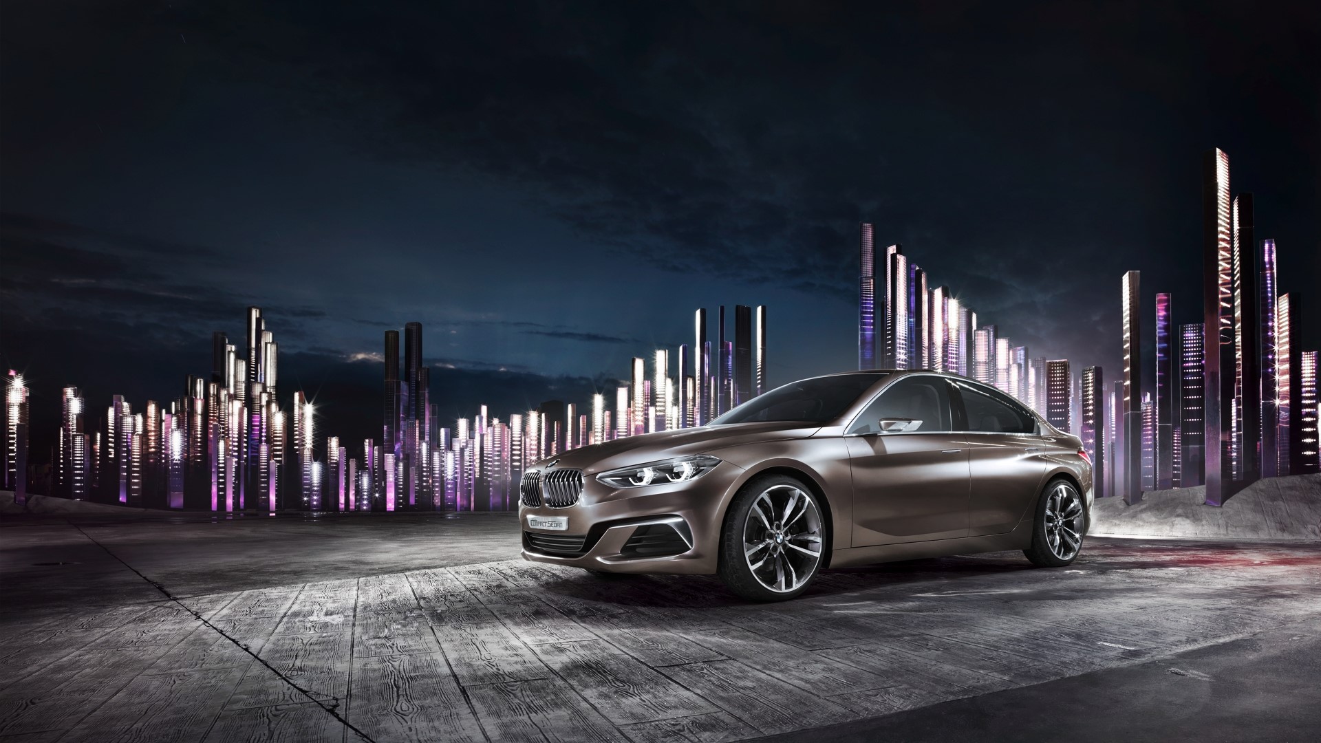 BMW Concept Compact Sedan in futuristic city HD Wallpaper