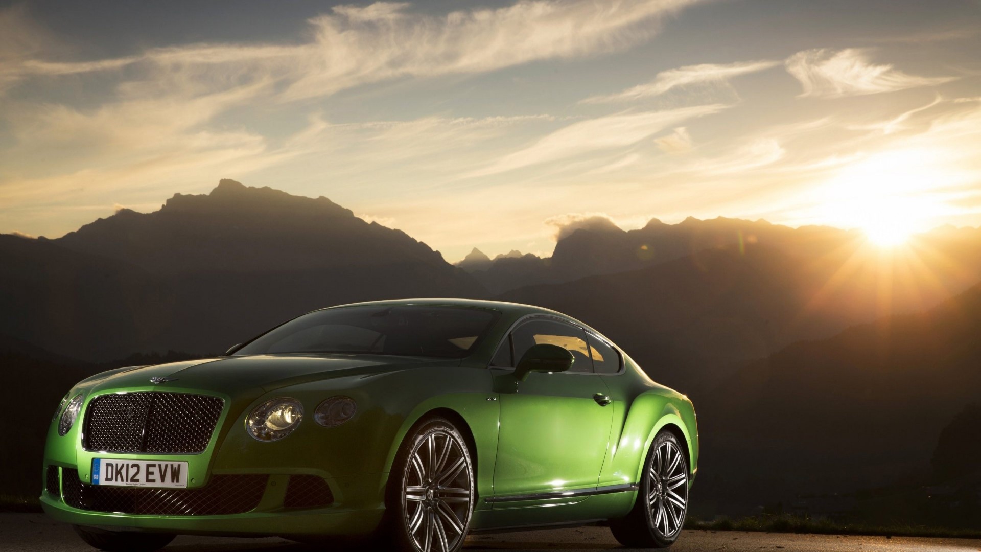 Green Bentley Continental GT Speed with Mountains at Sunset HD Wallpaper