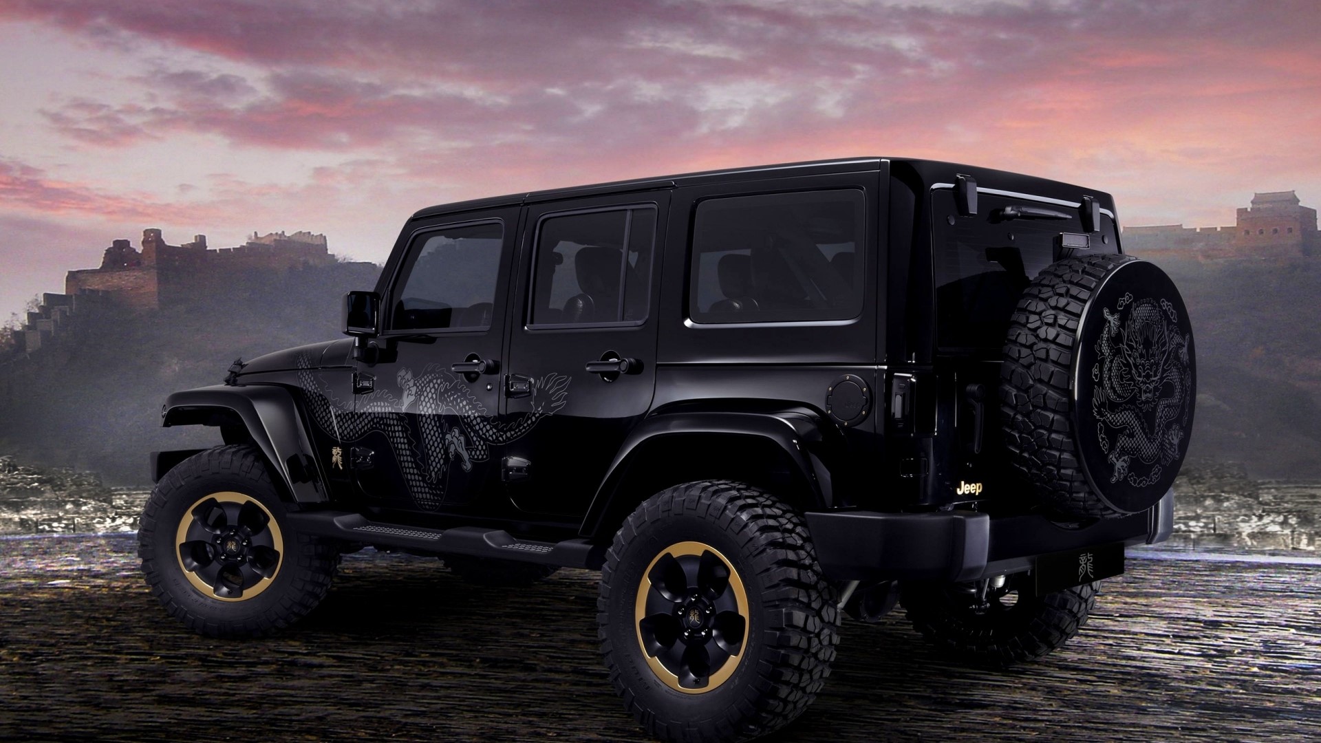 Black Jeep Wrangler Dragon Edition with Great Wall of China HD Wallpaper