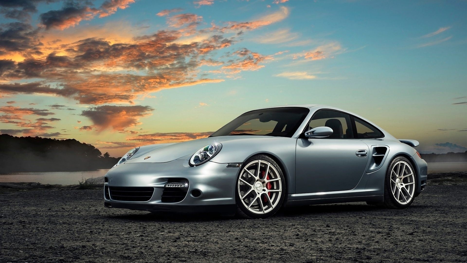 Silver Porsche 911 Turbo at Sunset HD Wallpaper