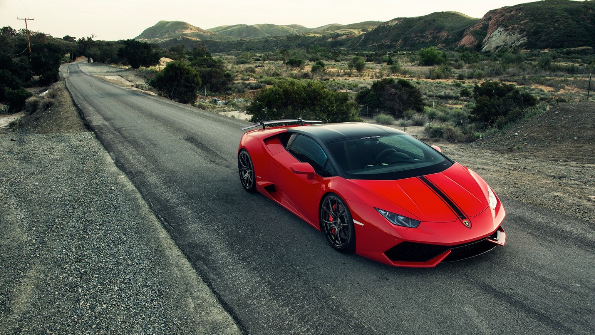 Red Lamborghini Aventador on a Country Road HD Wallpaper