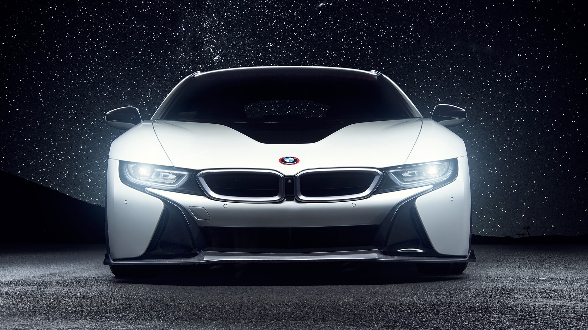 White BMW i8 with Vorsteiner aero kit under starry sky HD Wallpaper