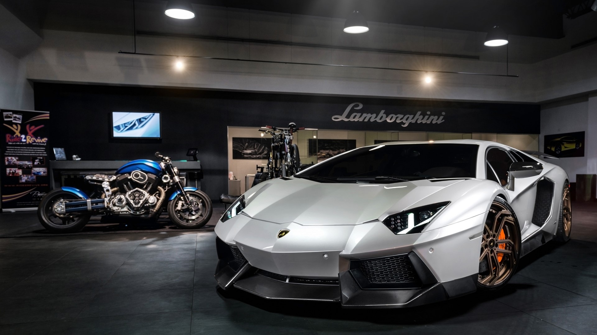 White Lamborghini Aventador Novitec Torado and blue motorcycle HD Wallpaper