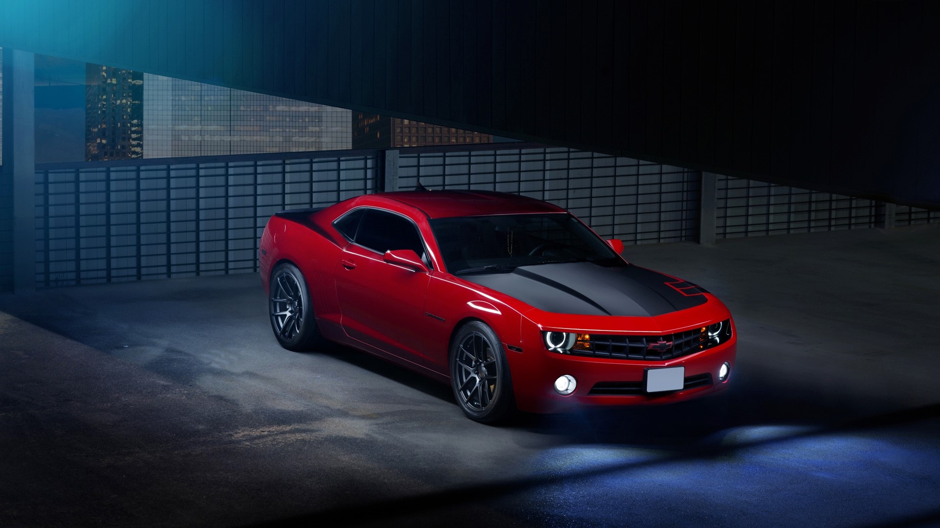 Red Chevy Camaro with black hood stripes HD Wallpaper