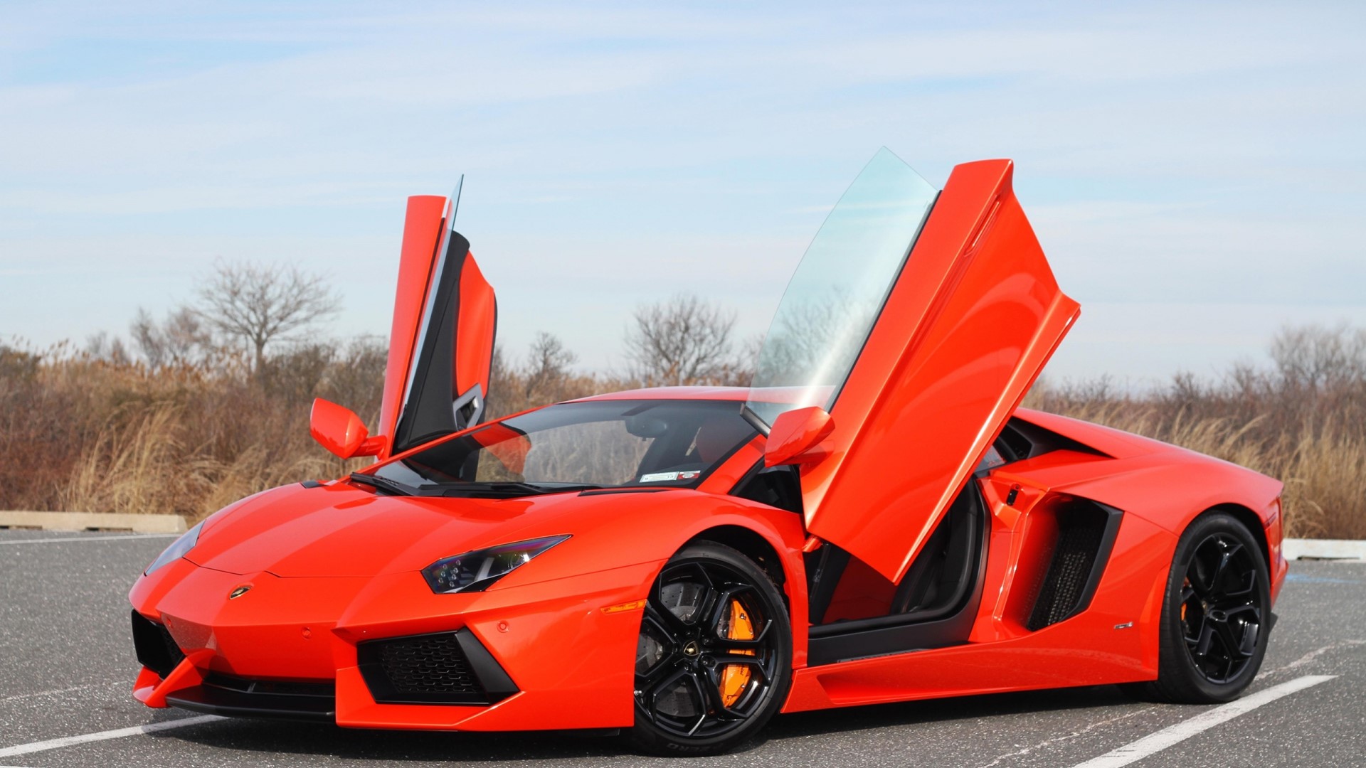 Red Lamborghini Aventador with doors open HD Wallpaper
