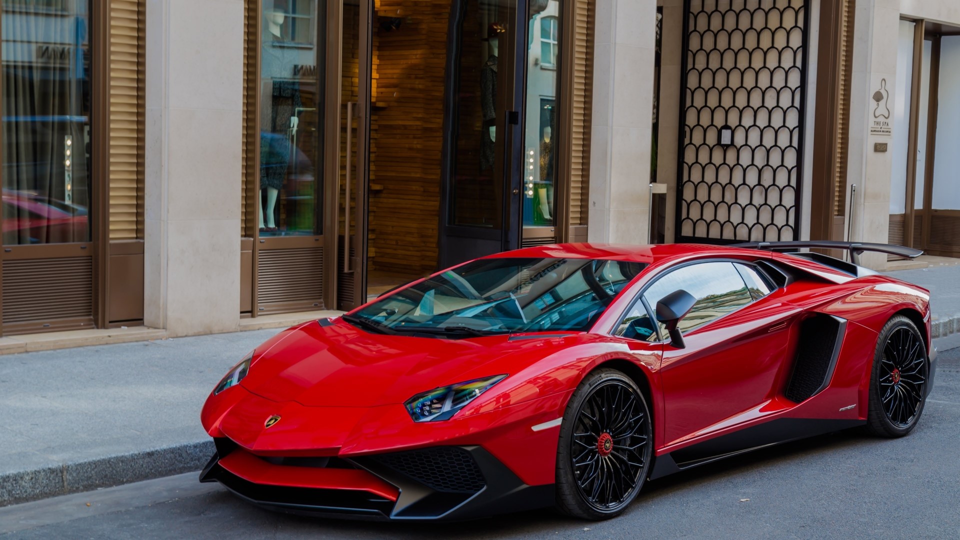 Red Lamborghini Aventador parked on street HD Wallpaper