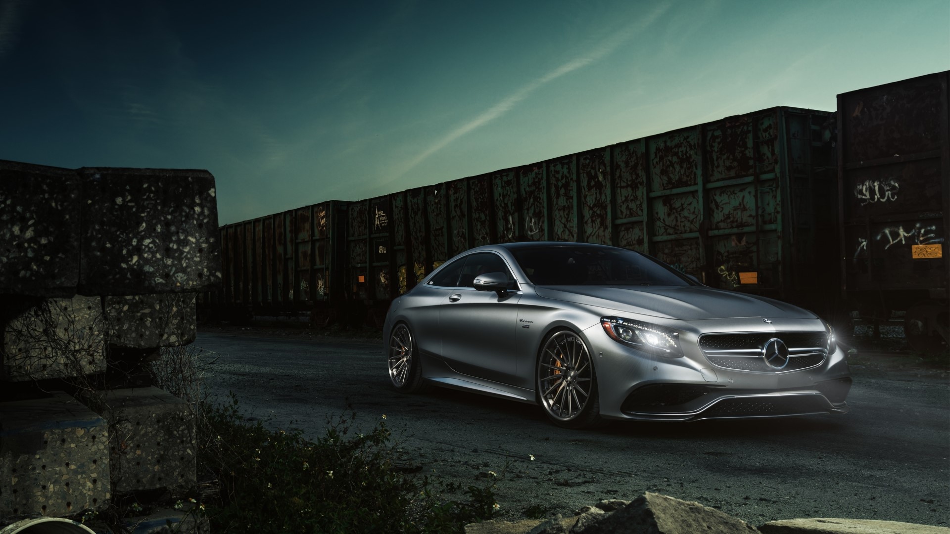Silver Mercedes-Benz S63 AMG Coupe at Industrial Site HD Wallpaper