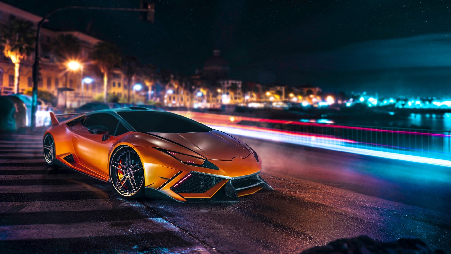 Orange Lamborghini Huracan Lp 610 4 on a city street at night HD Wallpaper