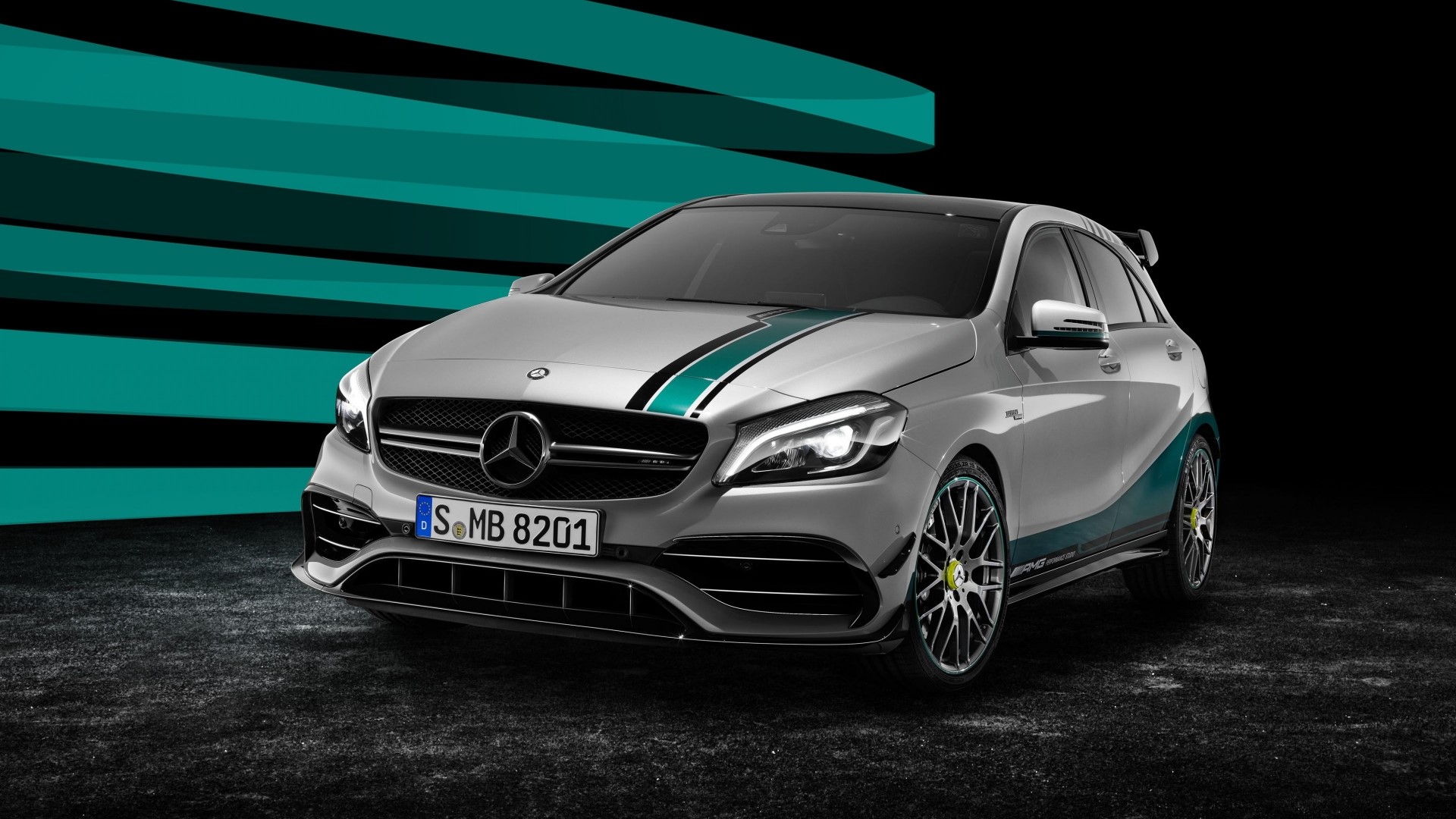 Mercedes-AMG A45 with racing stripes HD Wallpaper