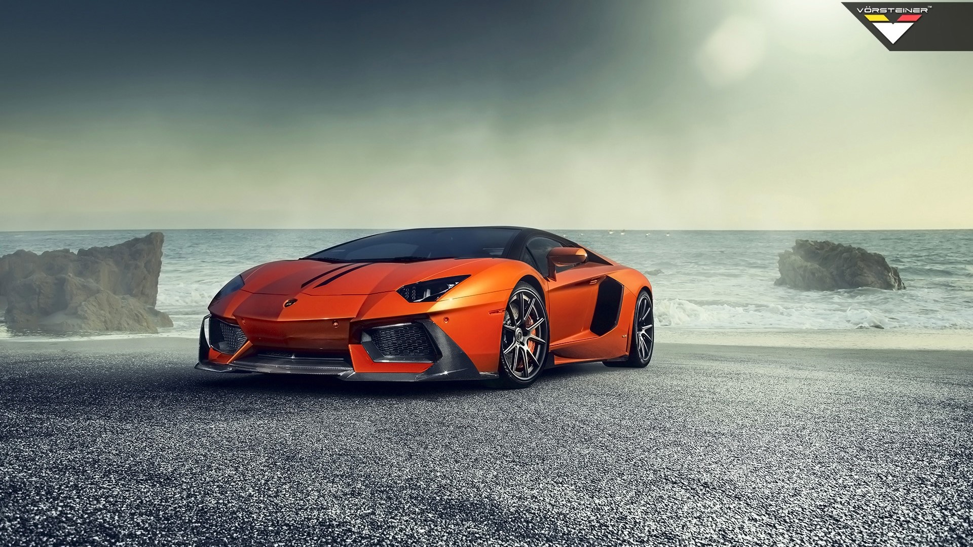 Orange Lamborghini Aventador by Vorsteiner on a Beach HD Wallpaper