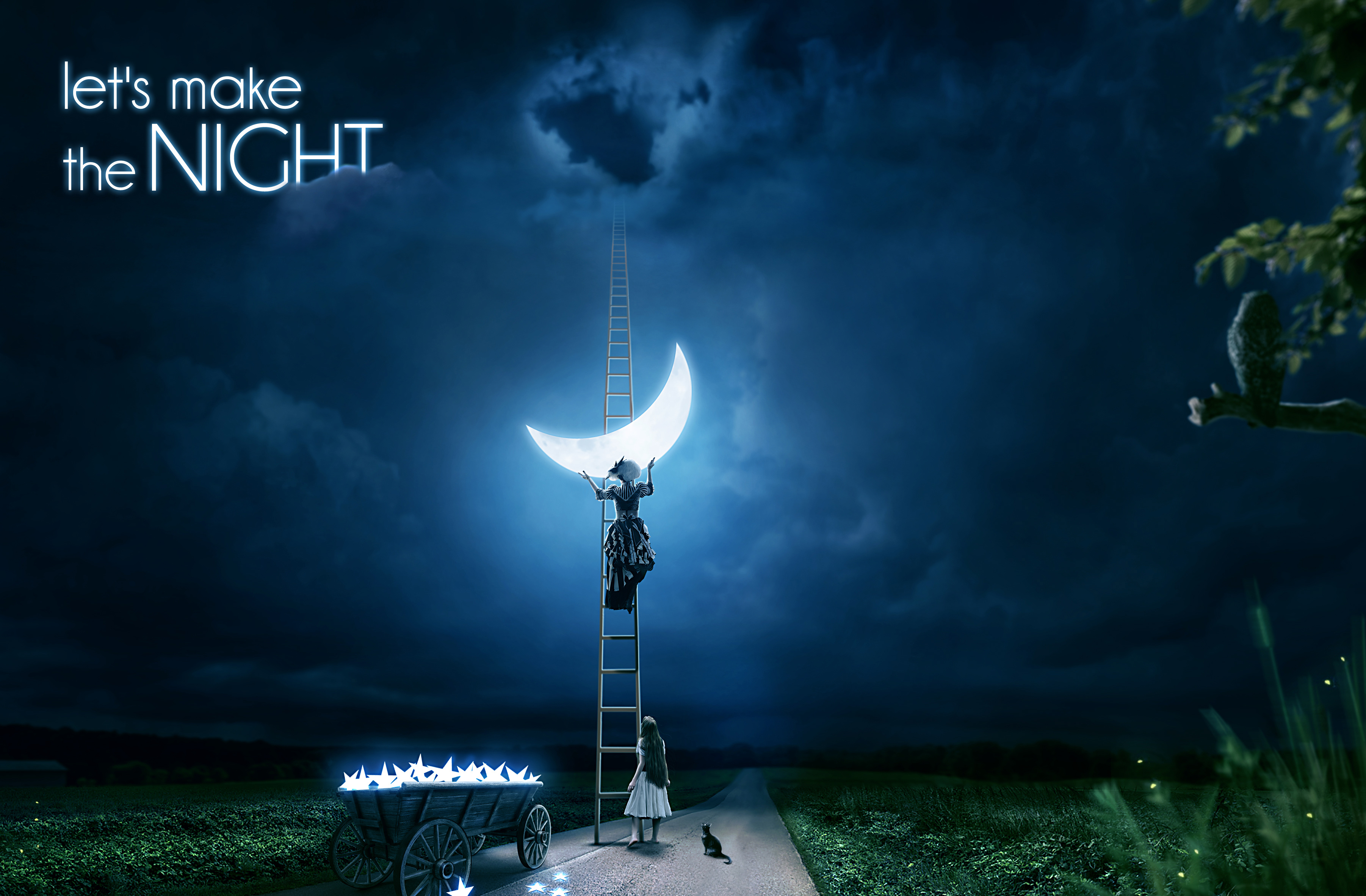 Fantasy Night Scene with Girl and Moon HD Wallpaper