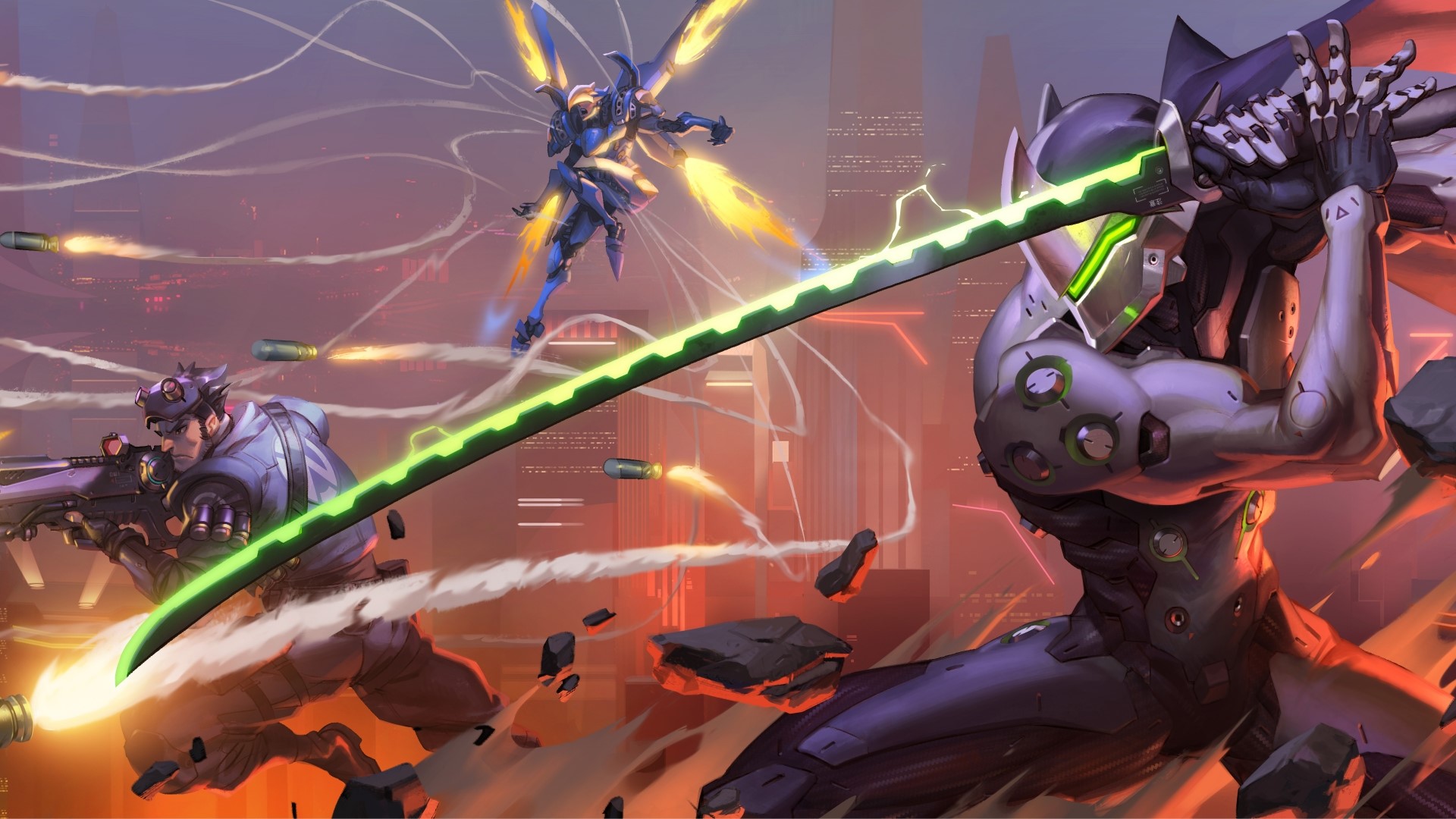Genji and Soldier: 76 from Overwatch in battle HD Wallpaper