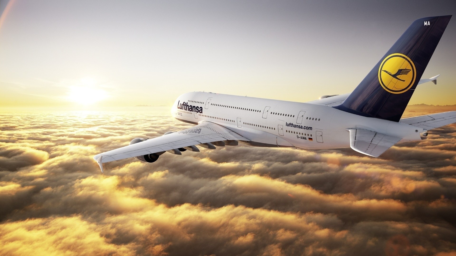 Lufthansa Airplane flying above clouds at sunset HD Wallpaper