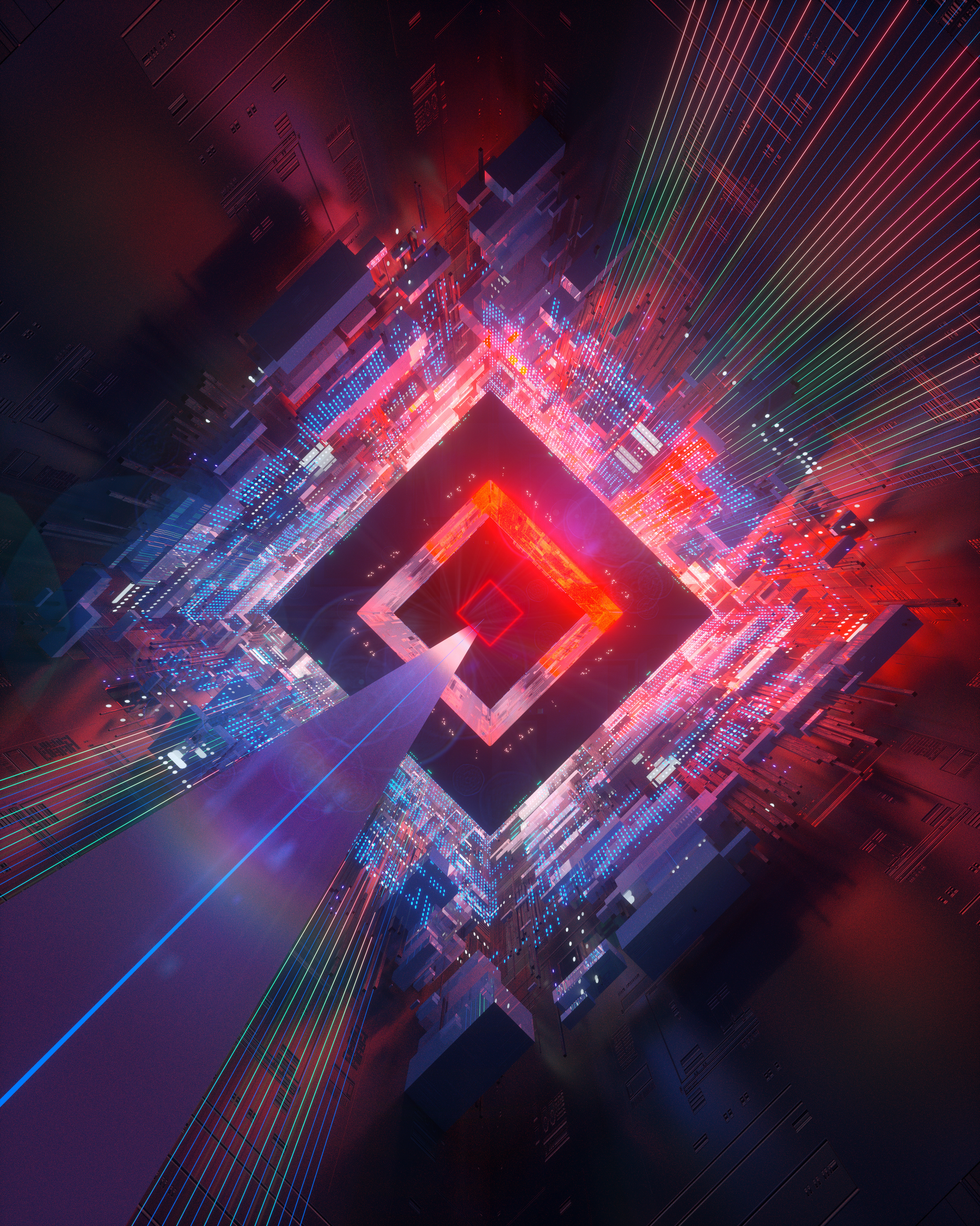 Abstract Neon Cityscape with Laser Beams HD Wallpaper