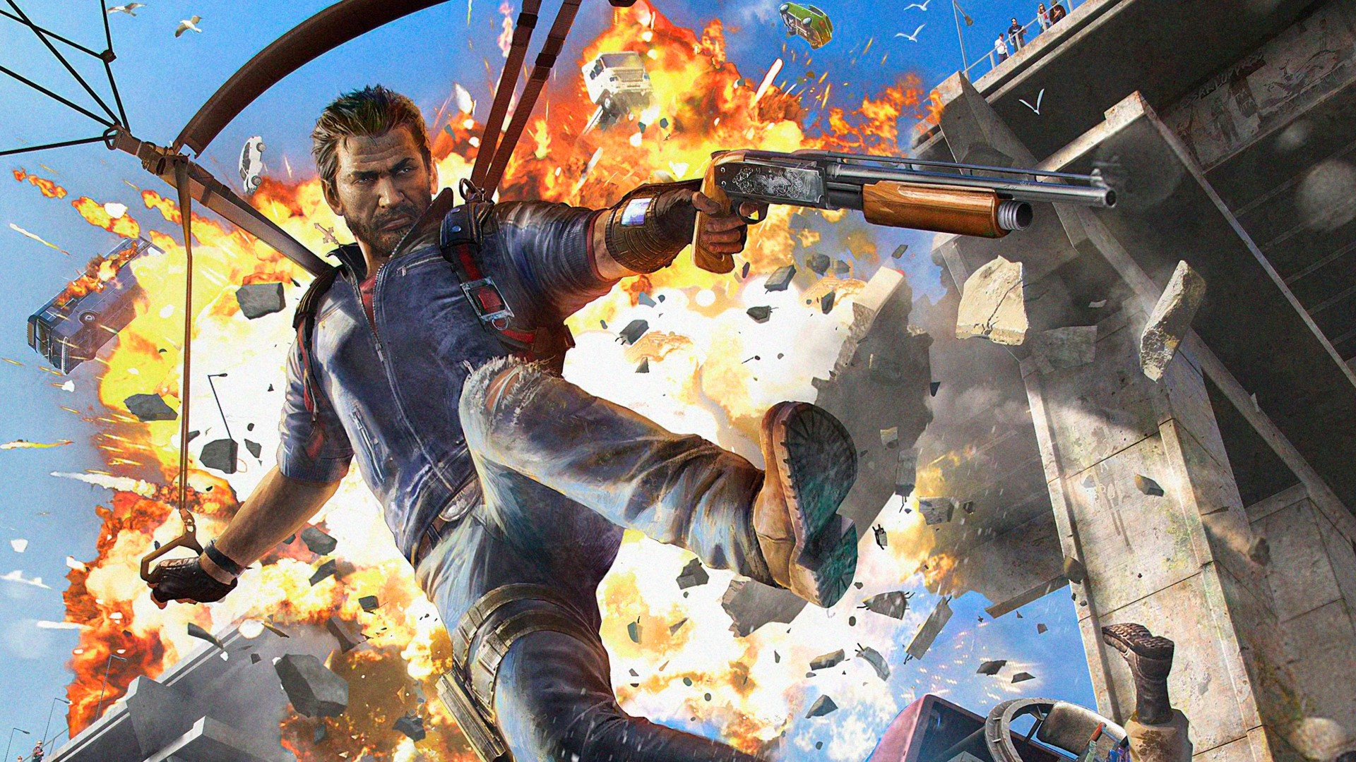 Rico Rodriguez from Just Cause 3 in an explosion HD Wallpaper