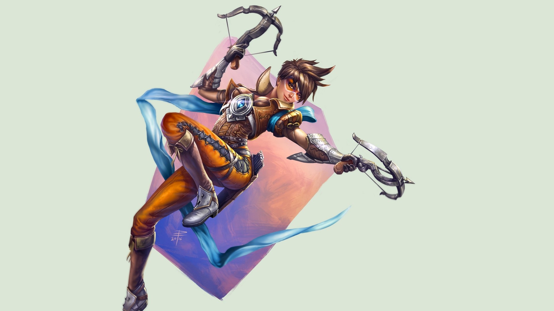 Tracer from Overwatch with dual crossbows HD Wallpaper