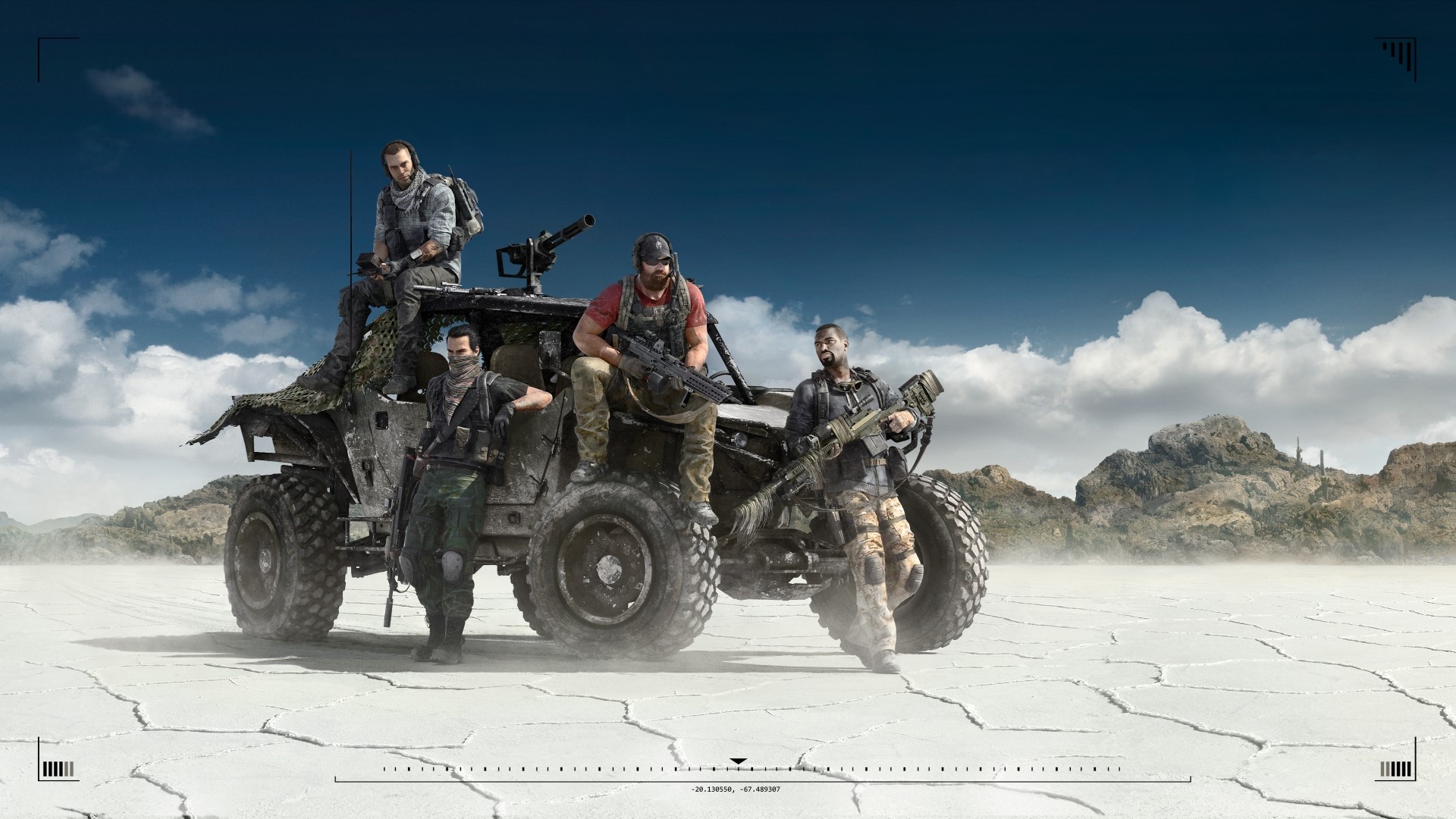 Four soldiers with a tactical vehicle in a desert landscape HD Wallpaper