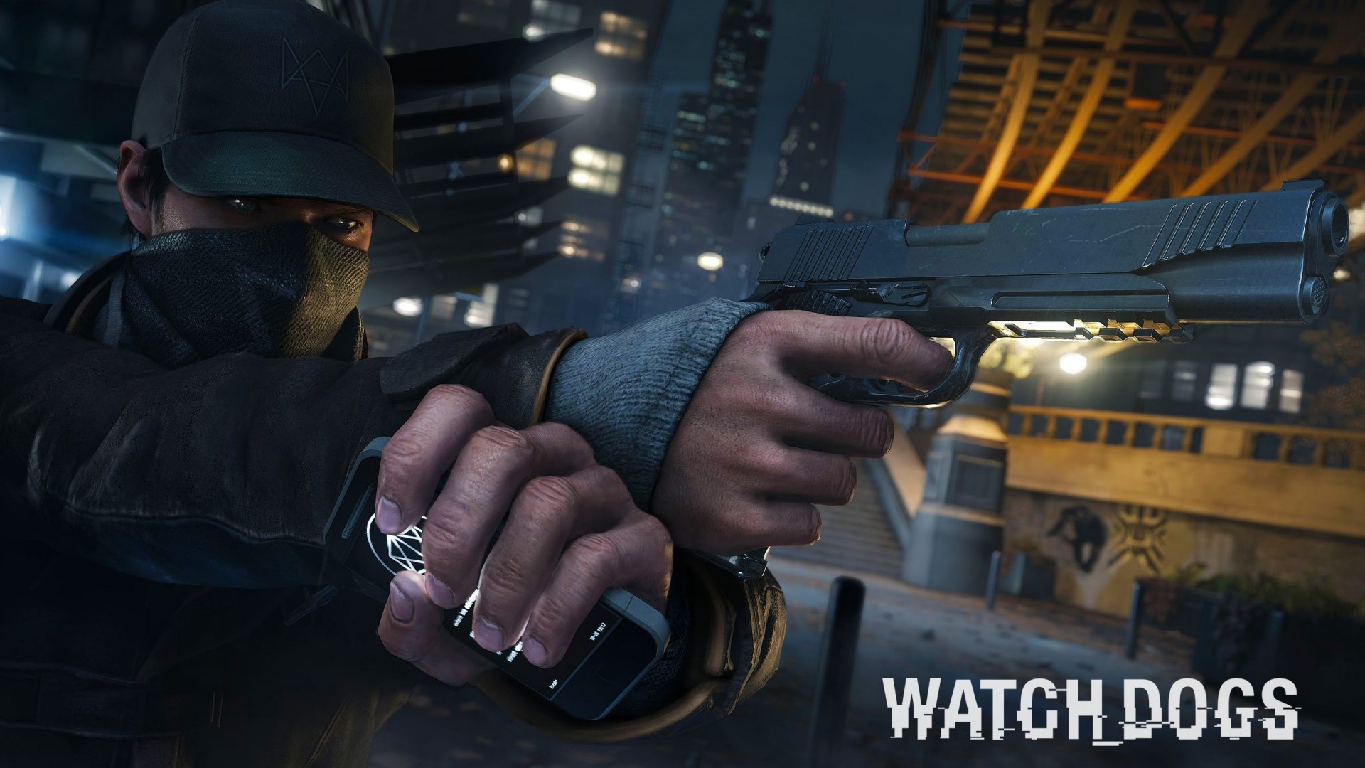 Aiden Pearce from Watch Dogs holding a gun HD Wallpaper