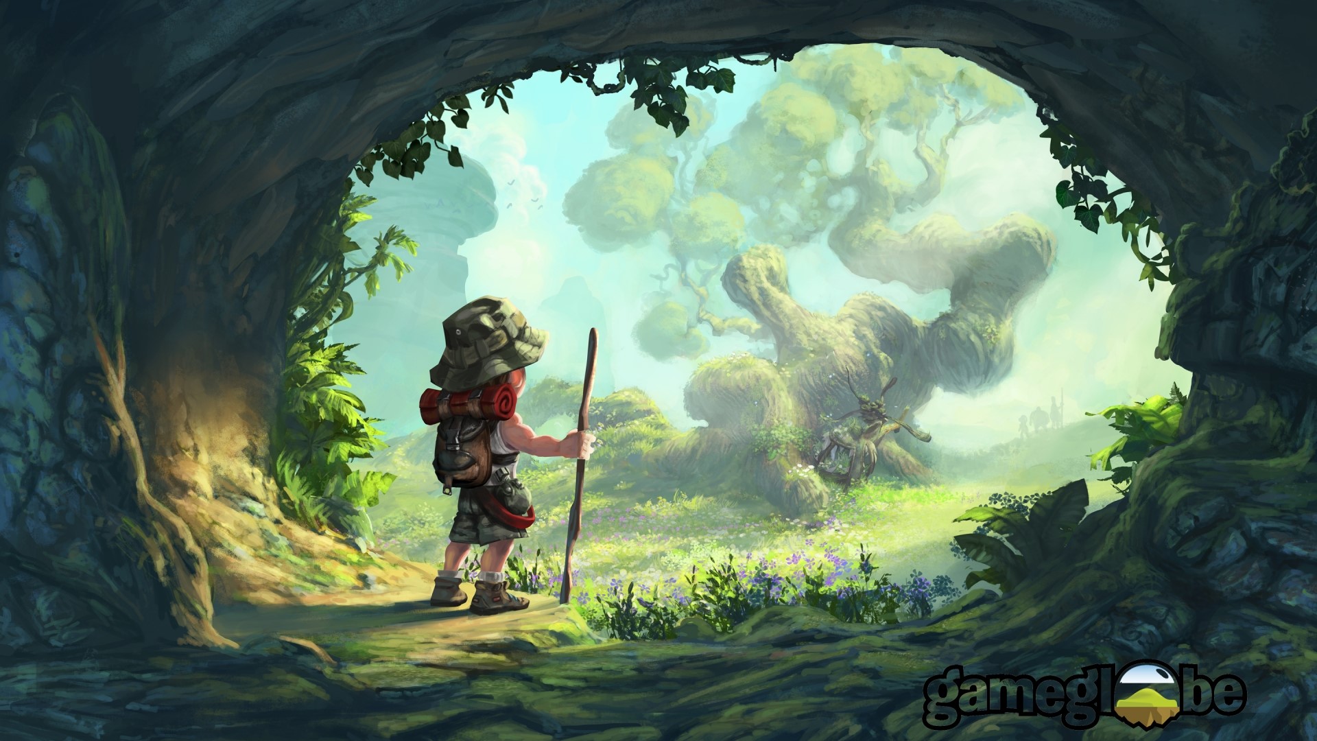Child with backpack and stick in a fantasy forest HD Wallpaper