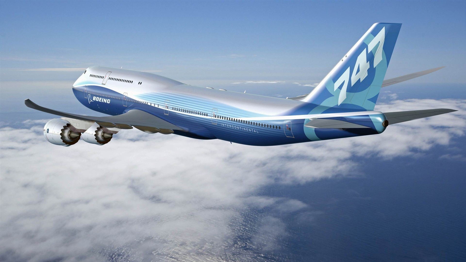 Boeing 747-8 Intercontinental airplane flying over clouds HD Wallpaper