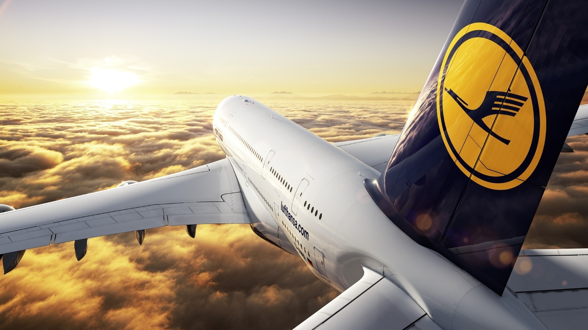 Lufthansa airplane flying above clouds at sunset HD Wallpaper