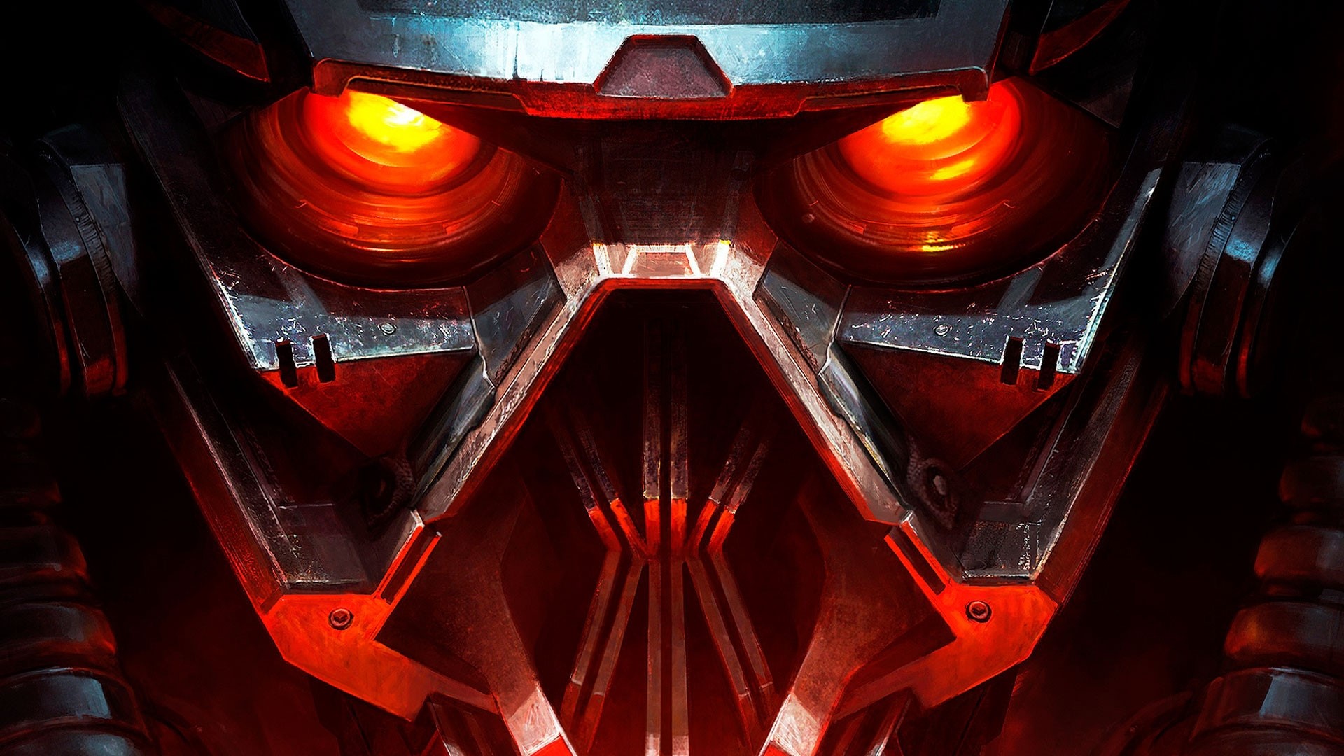 Close-up of a menacing robot with glowing red eyes HD Wallpaper