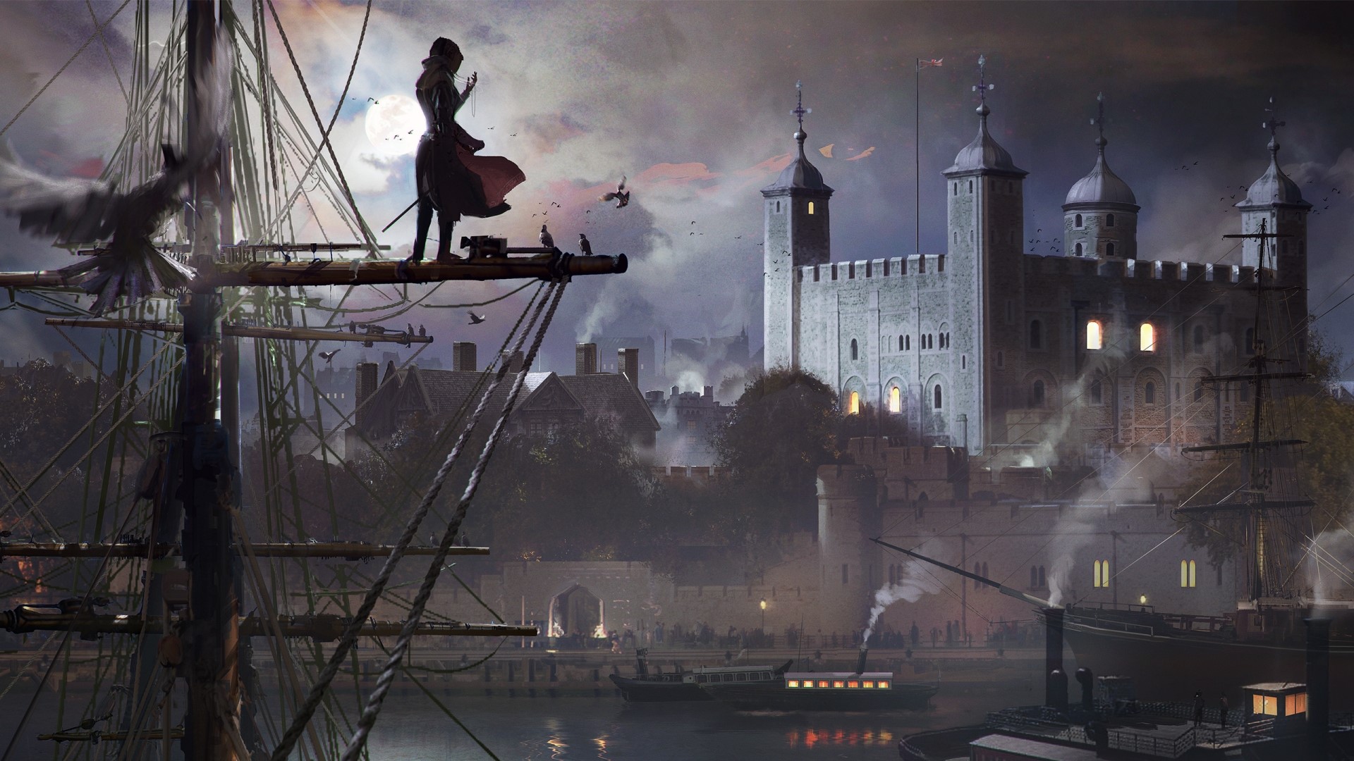 Female assassin from Assassin's Creed Syndicate on a ship near Tower of London HD Wallpaper