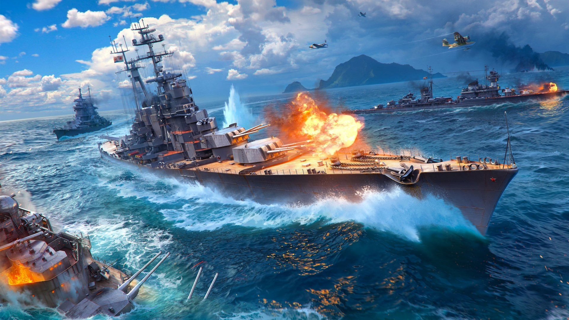 World of Warships naval battle with explosions HD Wallpaper