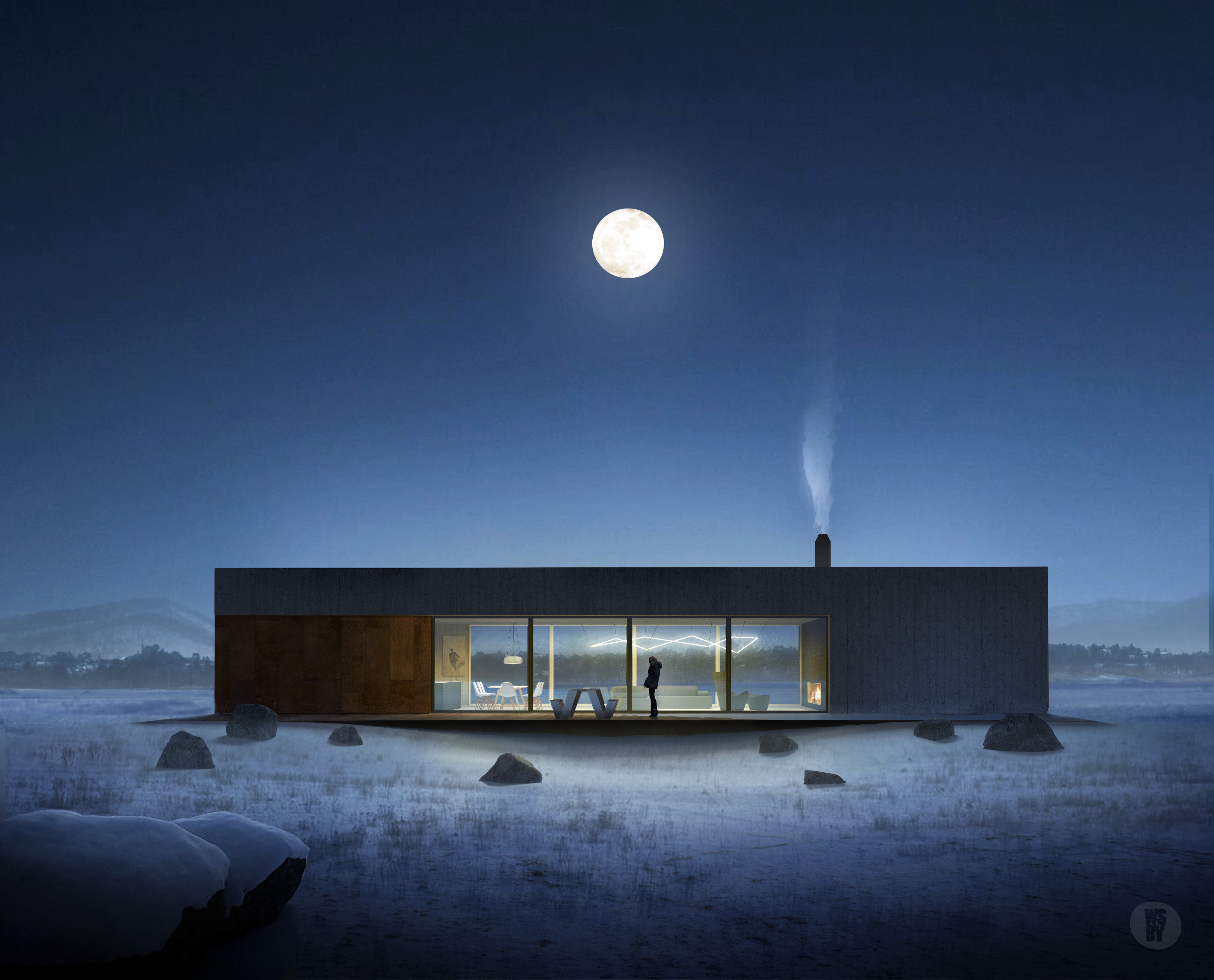 Modern Villa in Snowy Landscape Under Full Moon HD Wallpaper