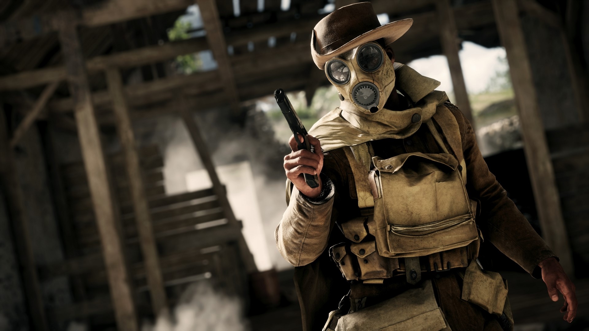 Soldier with gas mask and pistol in Battlefield 1 HD Wallpaper