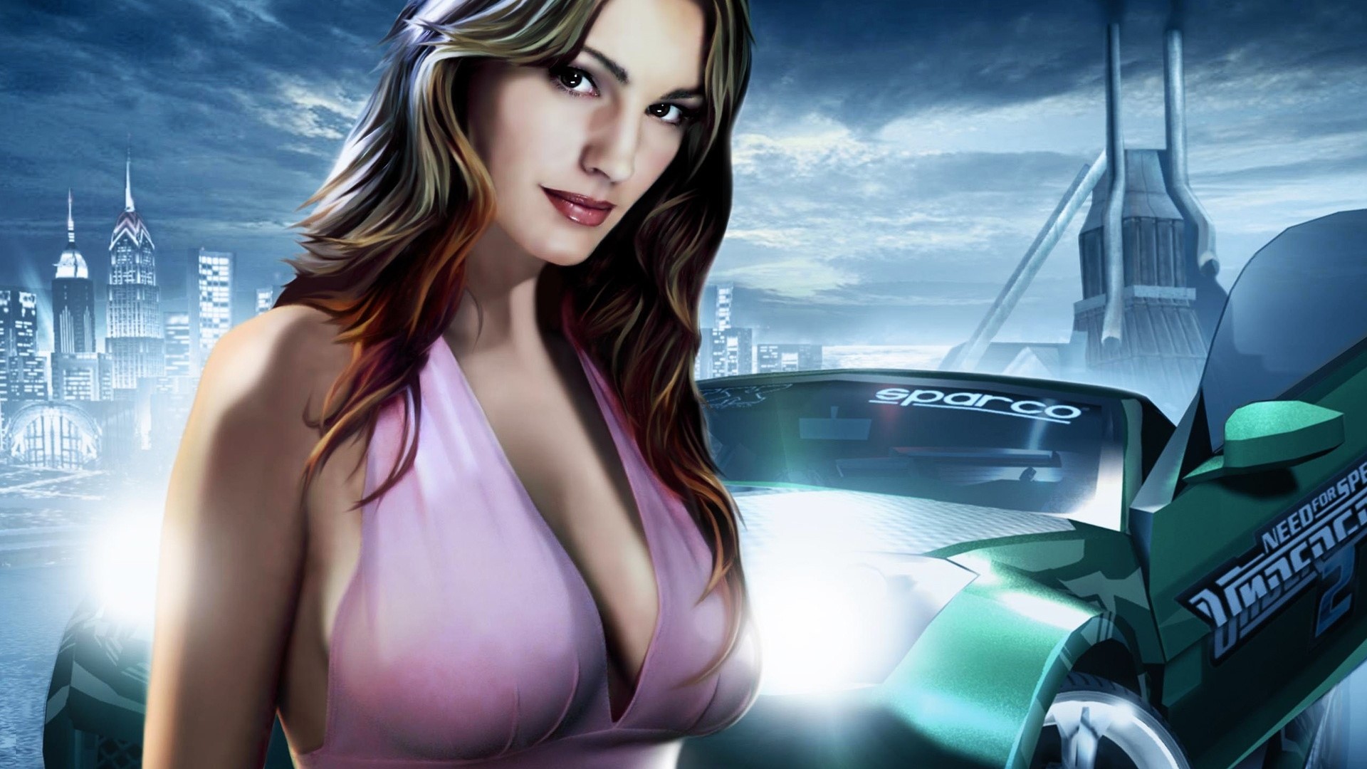 Woman in pink dress and green car from Need for Speed HD Wallpaper