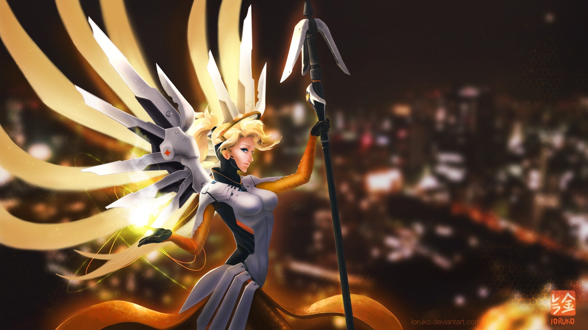 Mercy from Overwatch with wings and staff HD Wallpaper