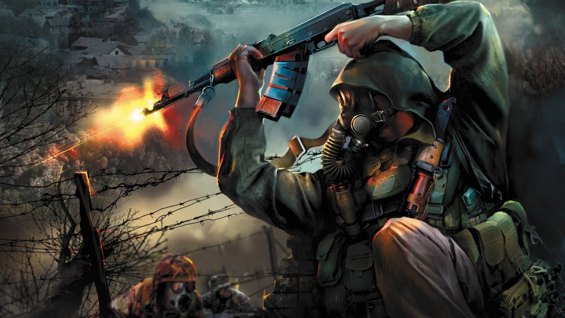 Soldier in gas mask firing rifle HD Wallpaper