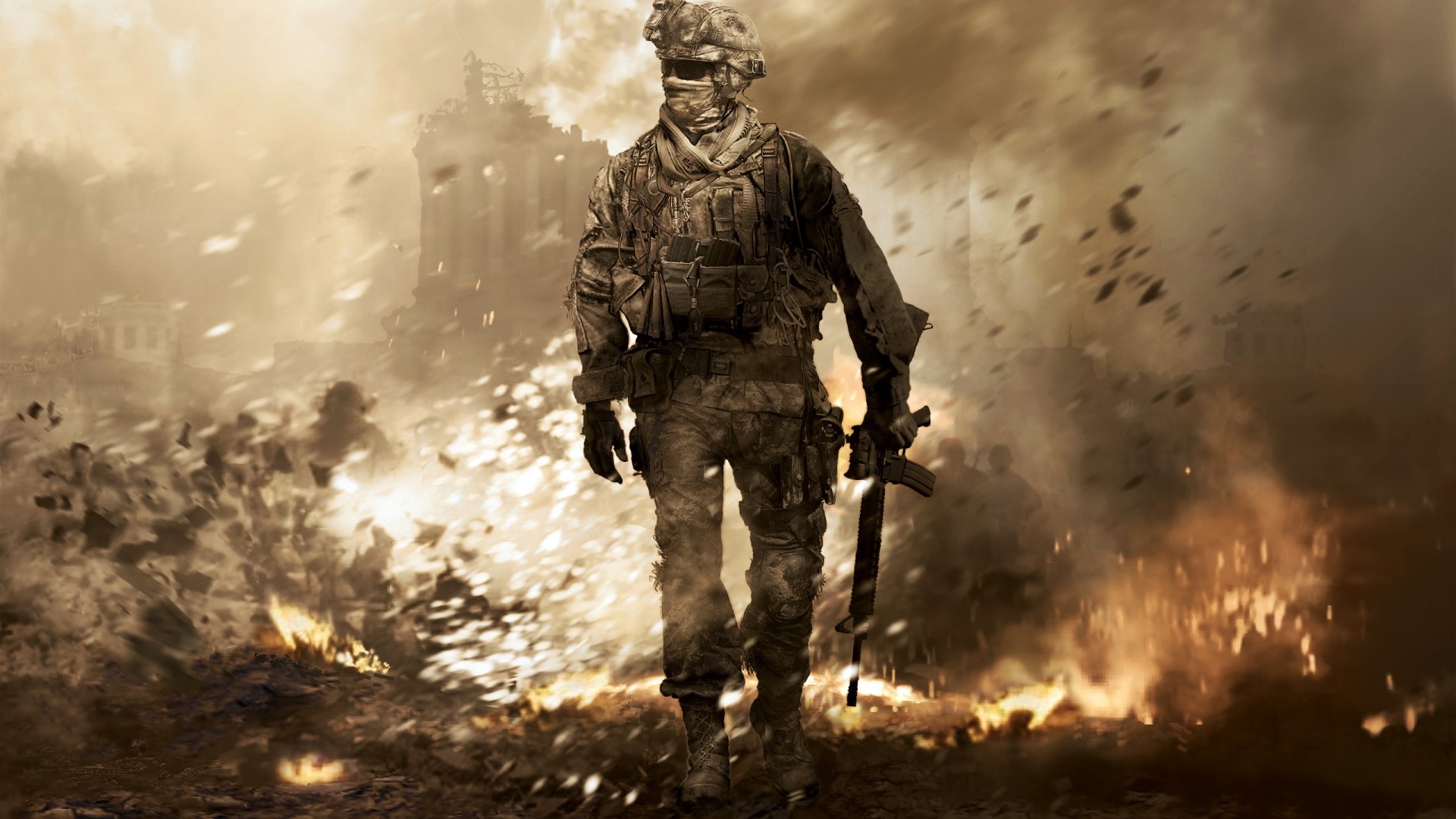Soldier walking through a war-torn city in Call of Duty HD Wallpaper