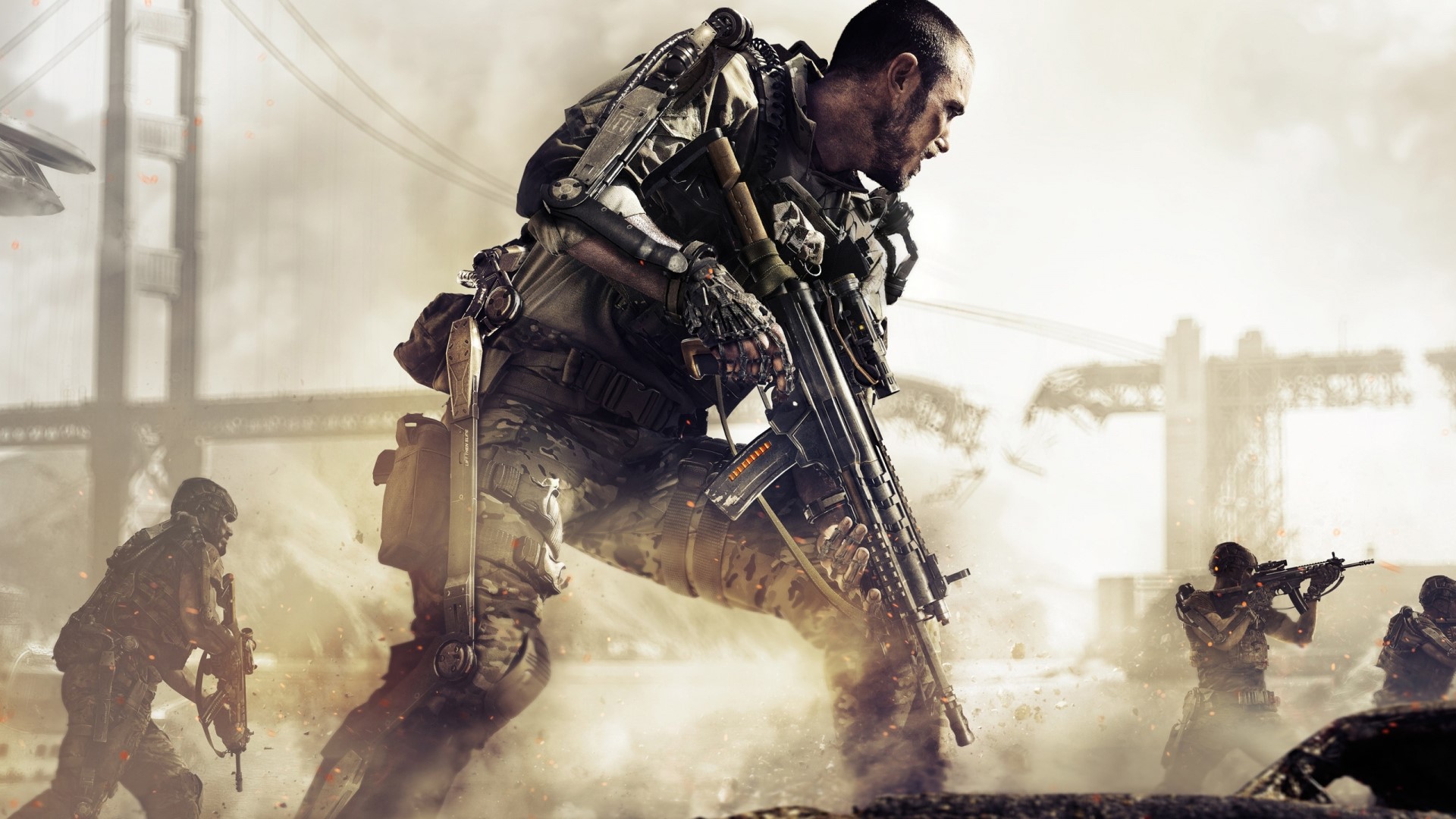Soldiers in futuristic armor in a warzone HD Wallpaper