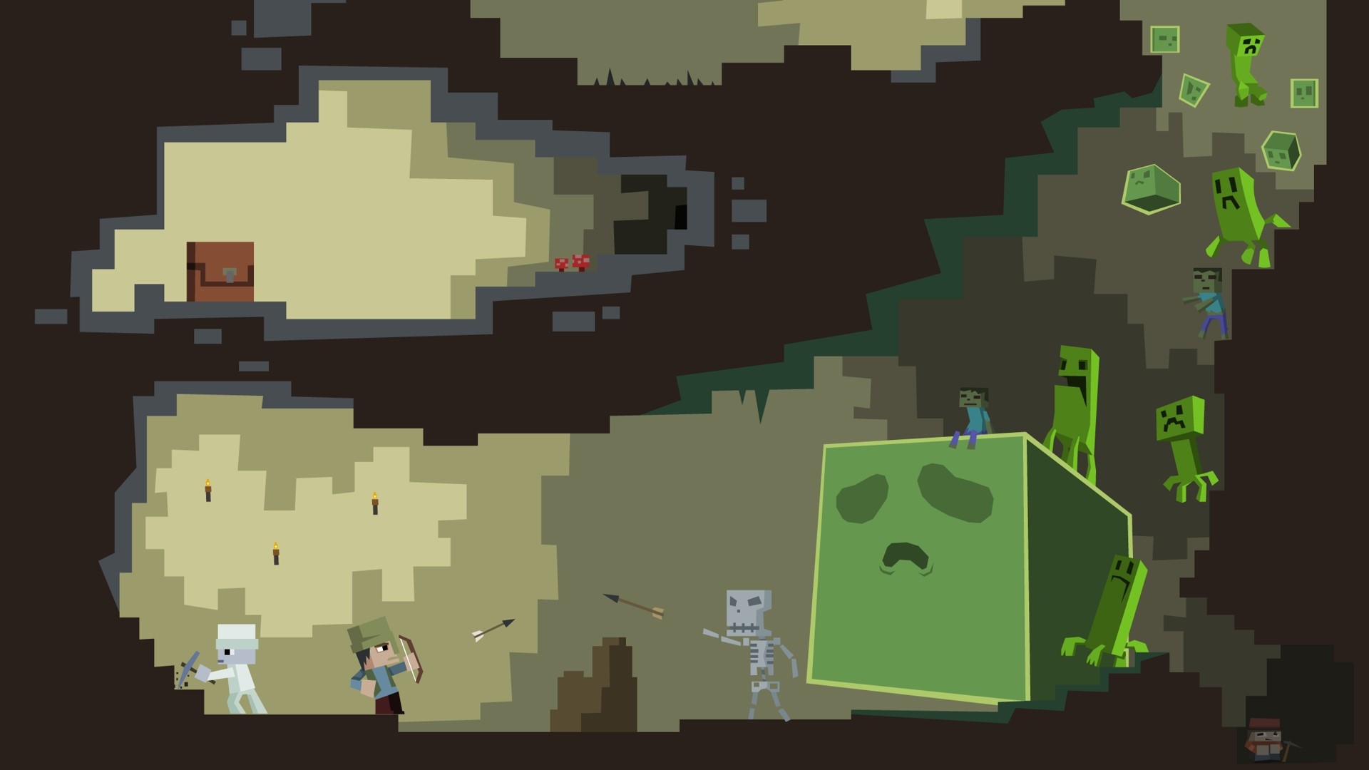 Minecraft cave with players, skeletons, creepers, and slimes HD Wallpaper