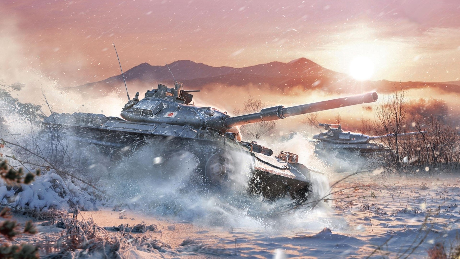 Tanks in a snowy landscape at sunset HD Wallpaper