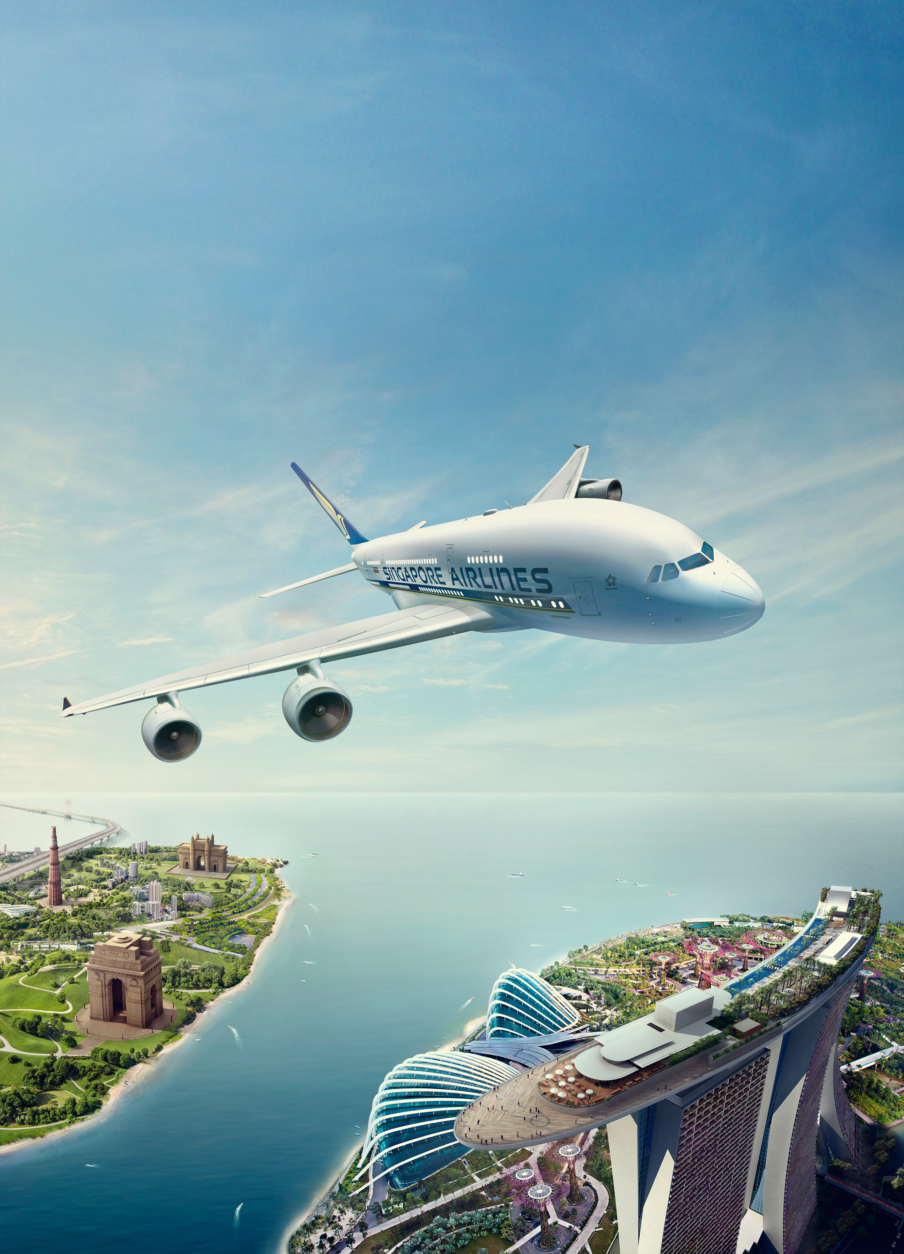 Singapore Airlines airplane flying over cities HD Wallpaper
