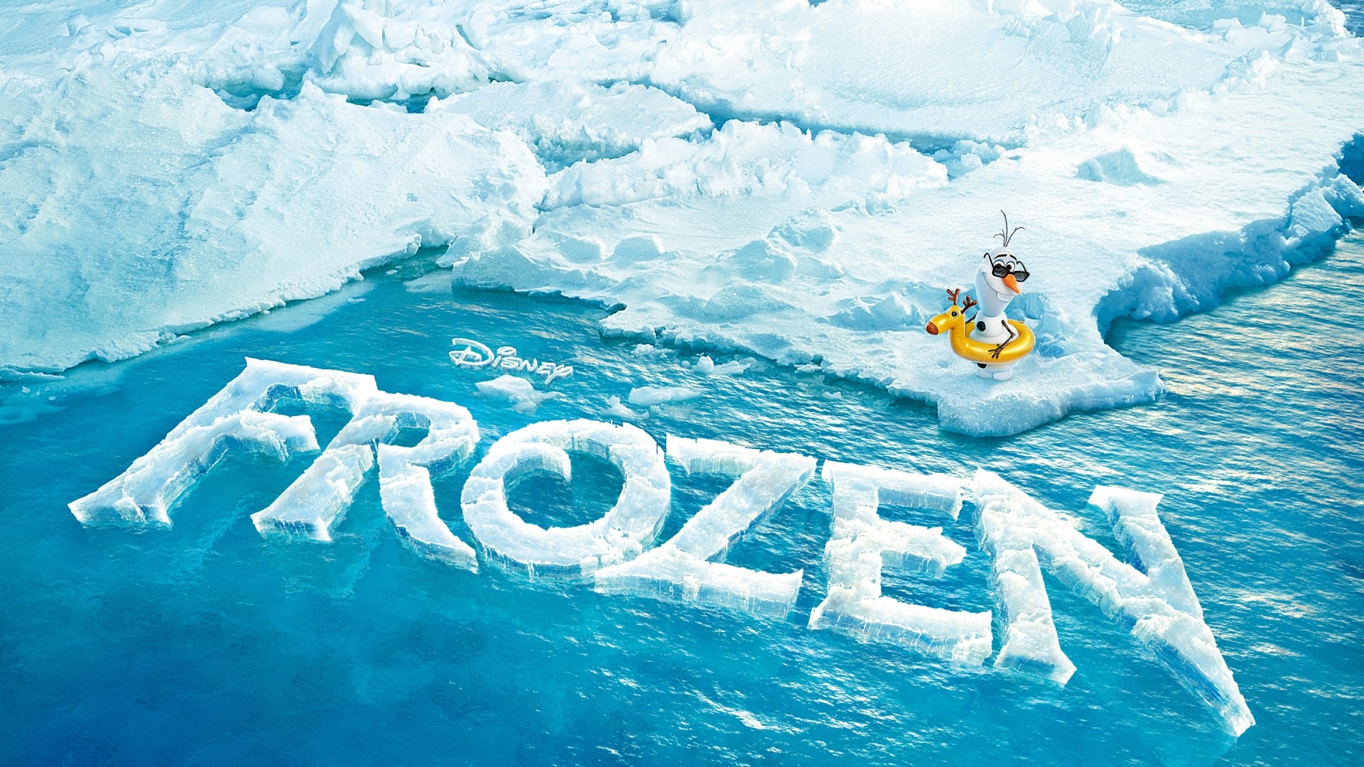 Frozen movie title with Olaf on ice floe HD Wallpaper