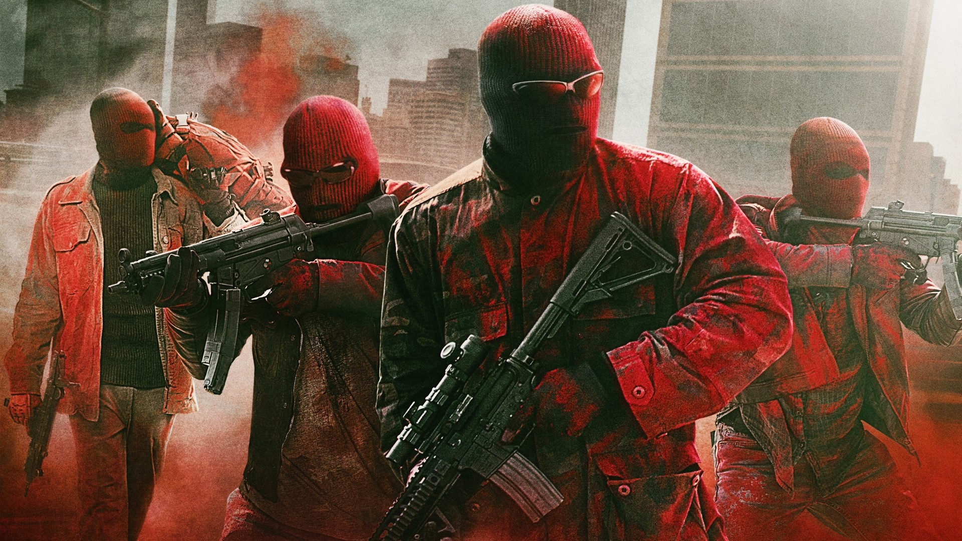 Men in red balaclavas with guns HD Wallpaper