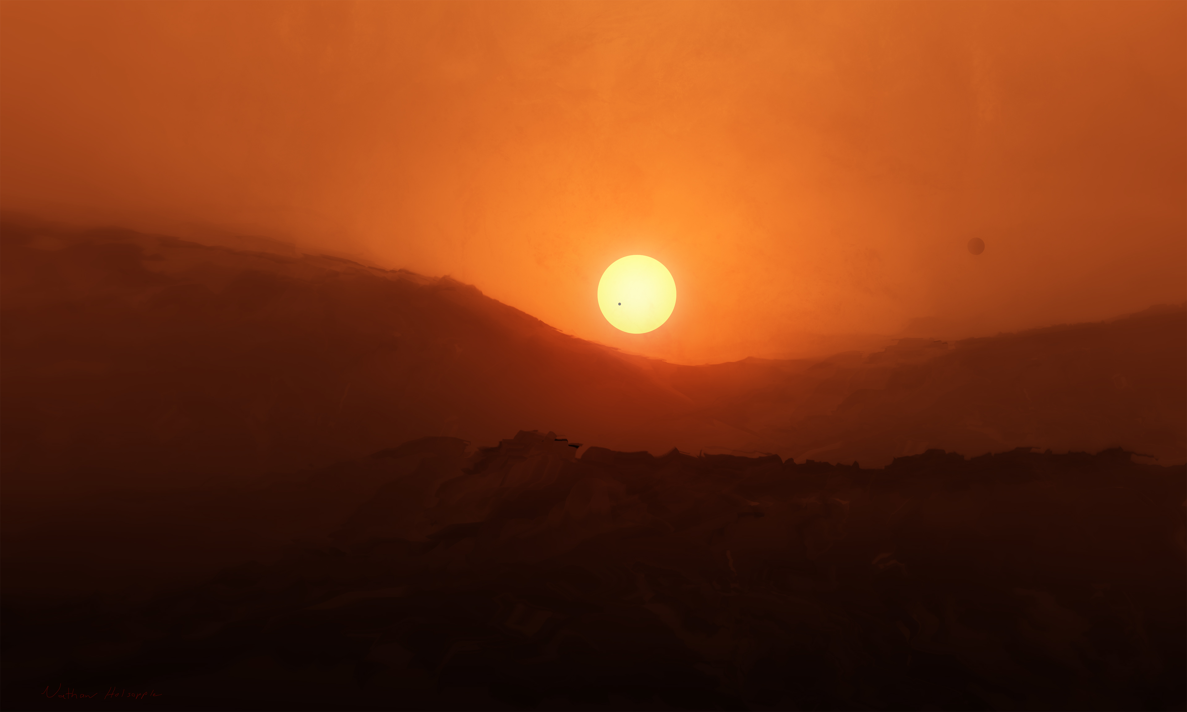 Sun setting over mountains with a small planet in the sky HD Wallpaper
