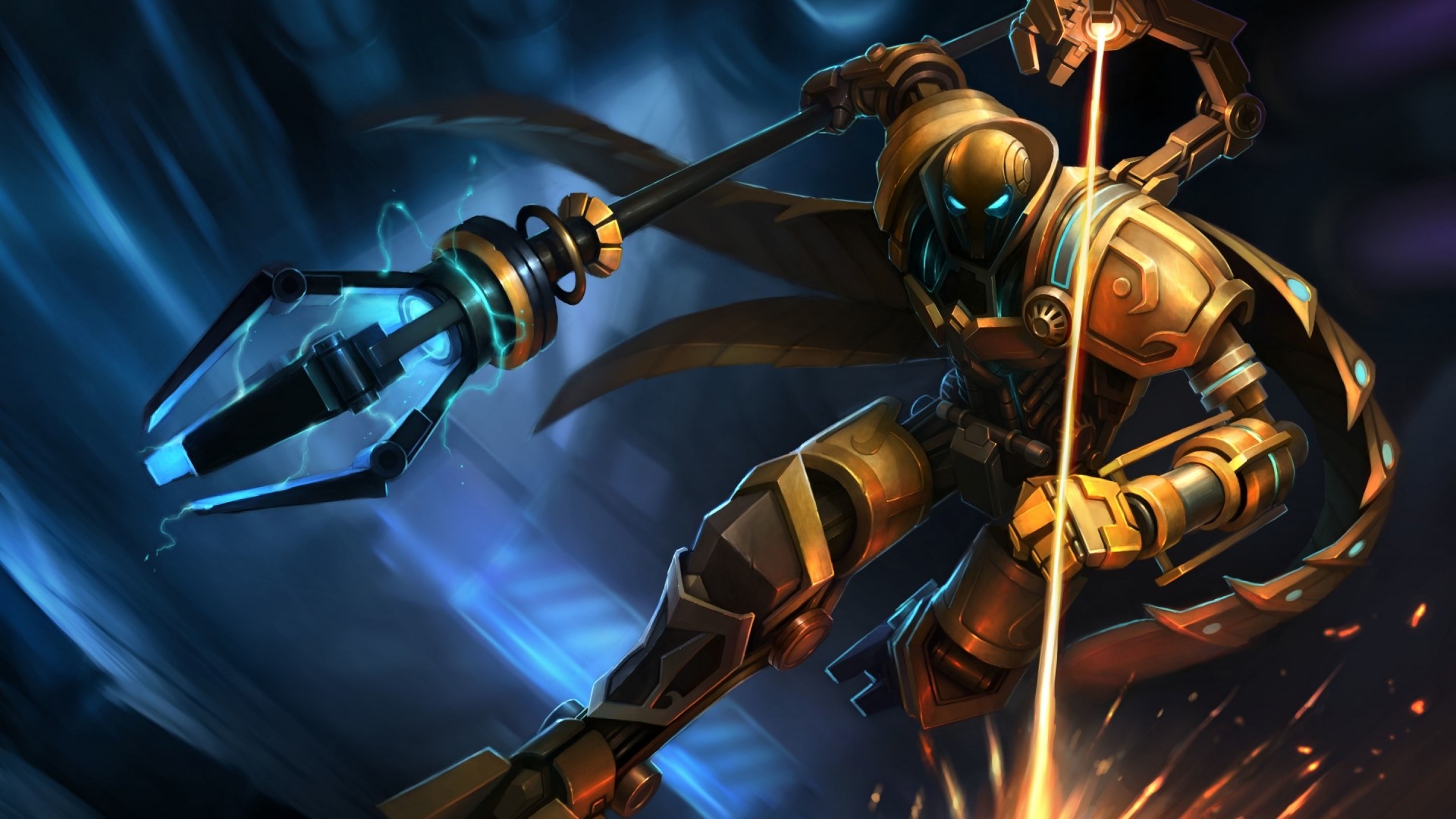 A golden robot warrior with a staff HD Wallpaper