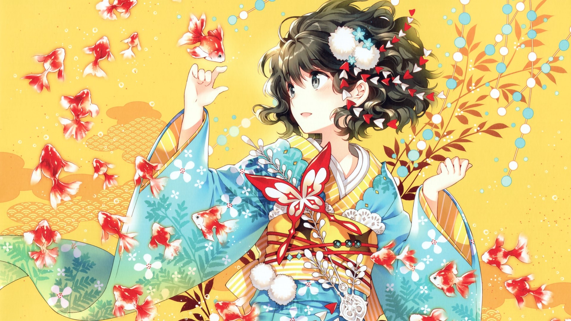 Anime girl in kimono with goldfish HD Wallpaper