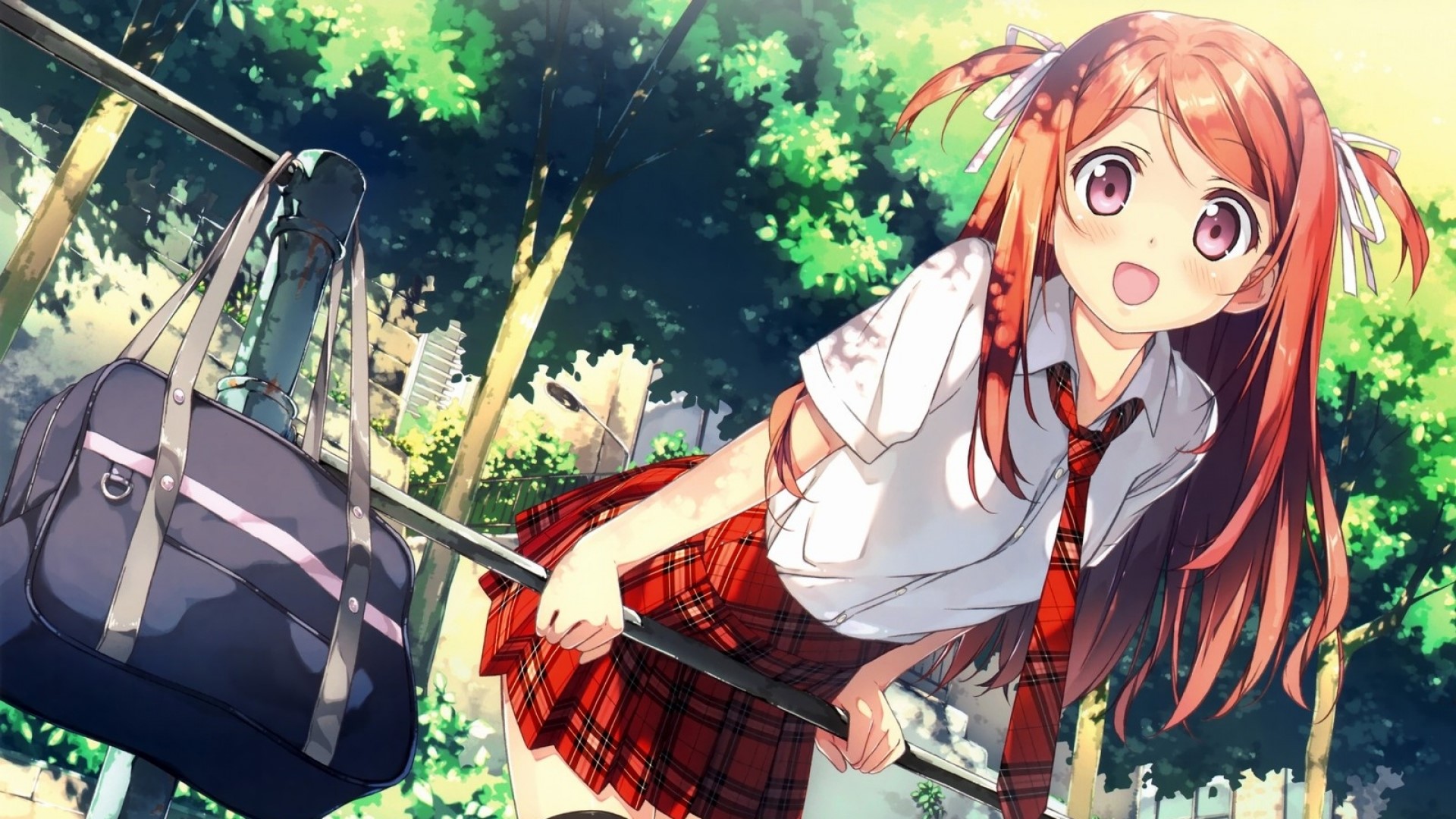 Anime Girl with Red Hair and School Bag HD Wallpaper