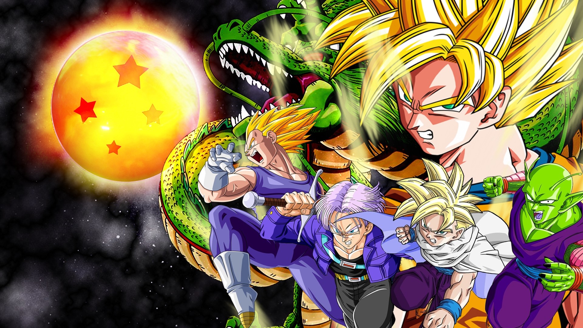 Dragon Ball Z: Goku, Vegeta, Trunks, Gohan, Piccolo, and Shenron HD Wallpaper