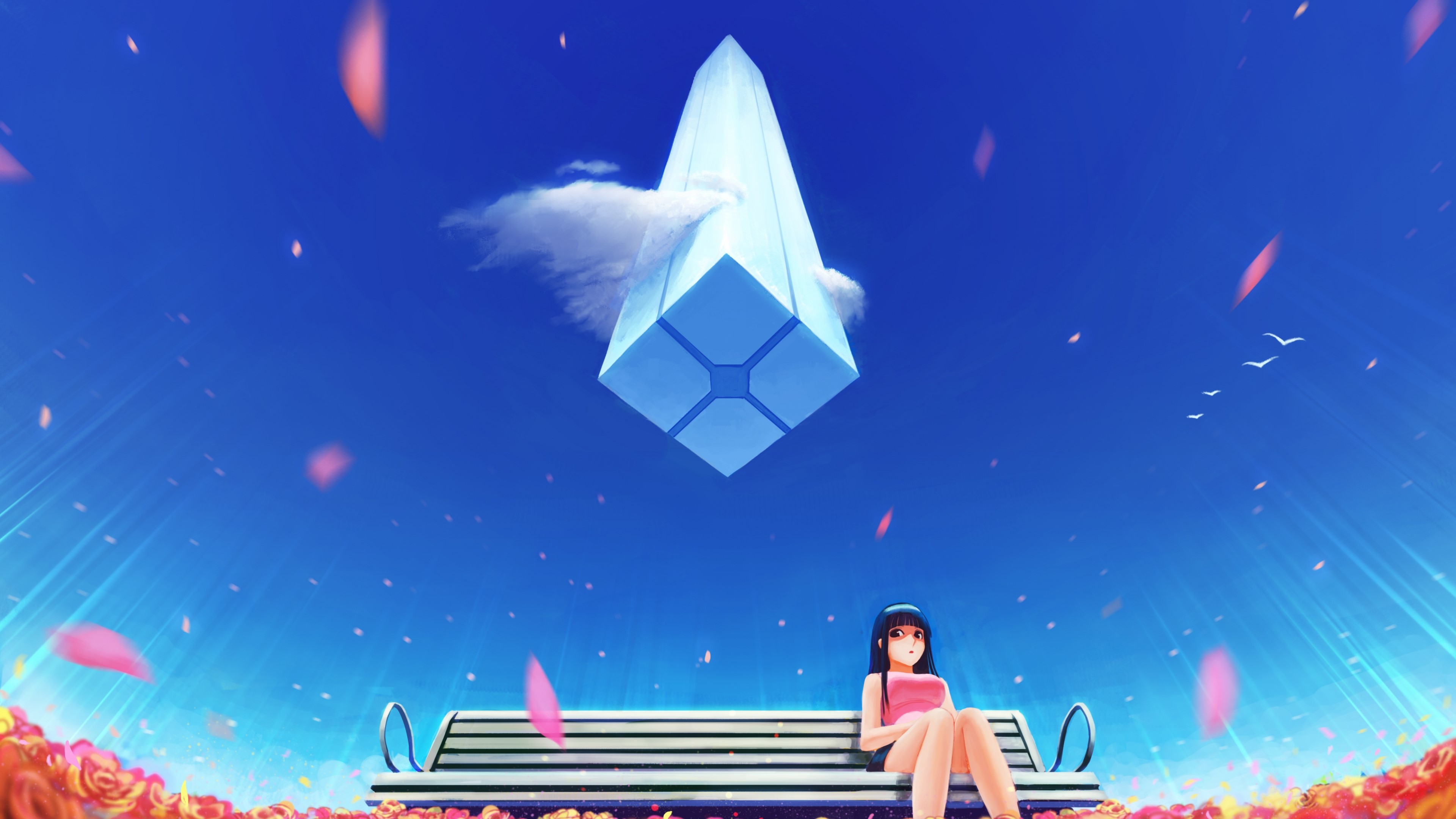 Anime Girl Sitting on a Bench Under a Blue Sky HD Wallpaper