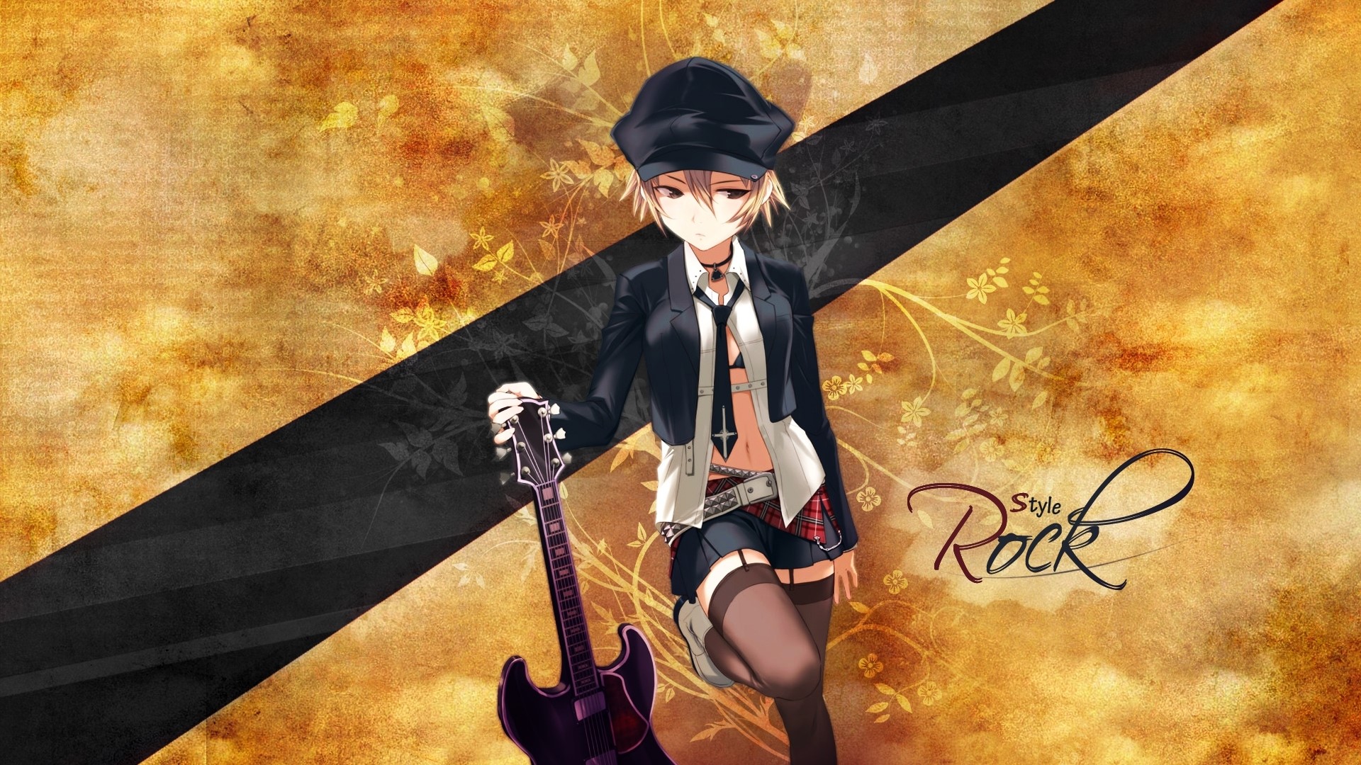 Anime girl with guitar in rock style HD Wallpaper